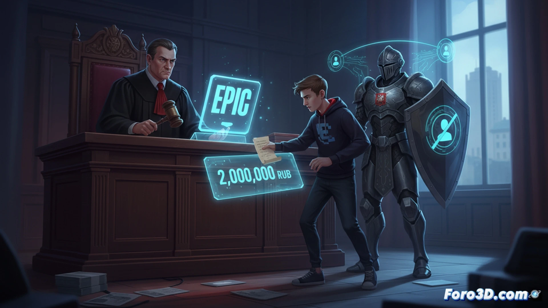 Epic Games corporate server room interior, Russian data protection officer inserting a sealed legal document into a server rack labeled with cyrillic characters, Fortnite battle bus figurine placed on top of a data storage unit, Roskomnadzor official seal stamping a penalty notice on a digital tablet, glowing red warning alerts on multiple monitor screens displaying personal data error logs, cinematic photorealistic technical illustration, dramatic contrast lighting, metallic server chassis reflections, precise legal document handling action, ultra-detailed hardware components, cold blue and amber industrial lighting