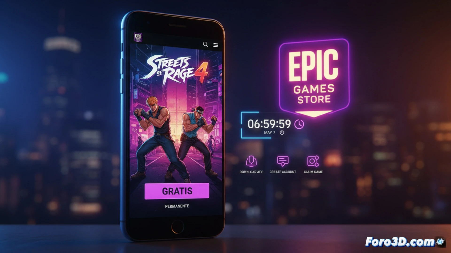 Descripción: Pantalla de móvil muestra la portada de Streets of Rage 4 con el logo de Epic Games Store. Texto promocional: gratis hasta el 7 de mayo.