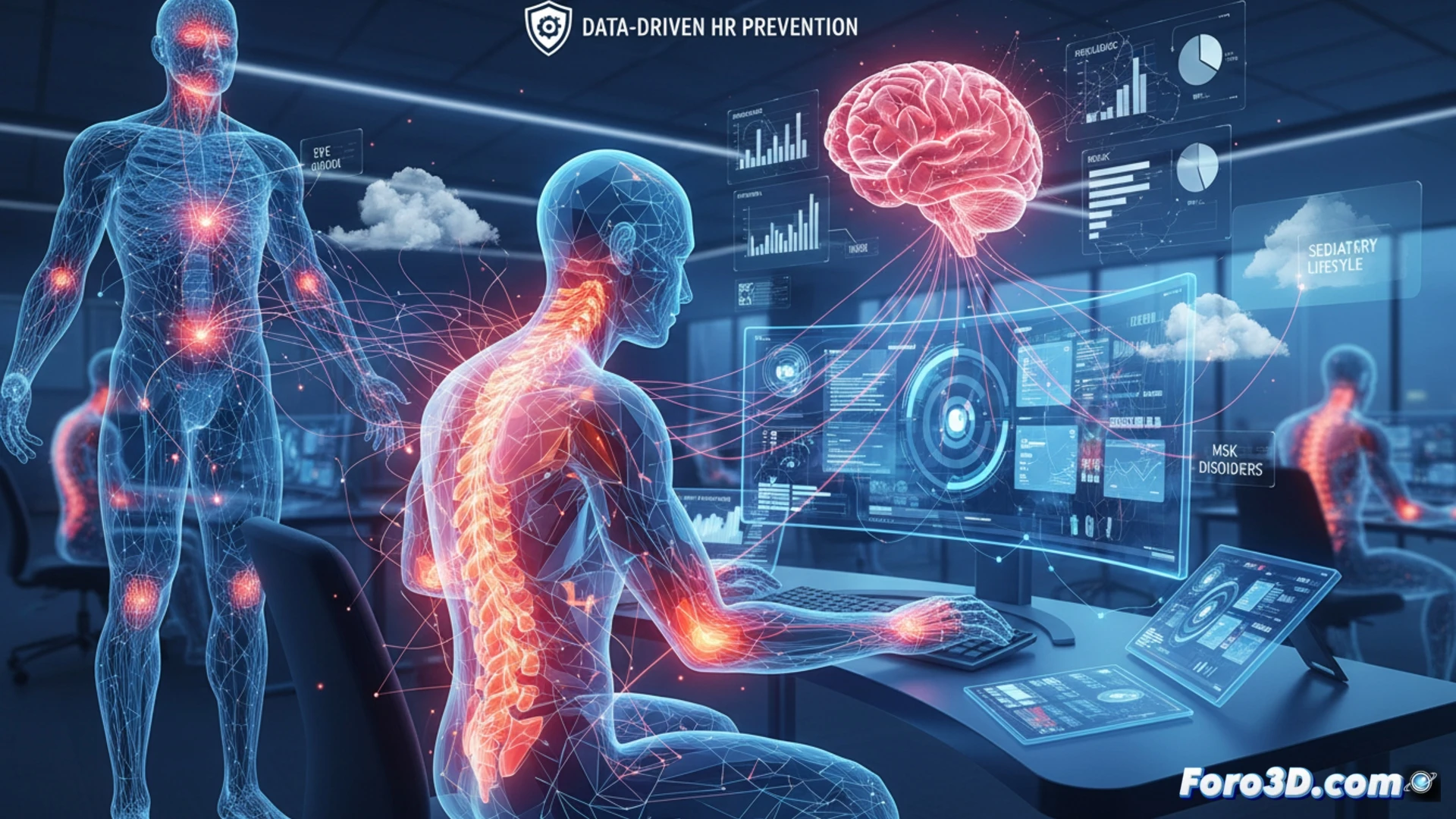 Mapa de calor corporal 3D mostrando zonas de dolor en diseñador UX frente a pantalla, datos epidemiológicos