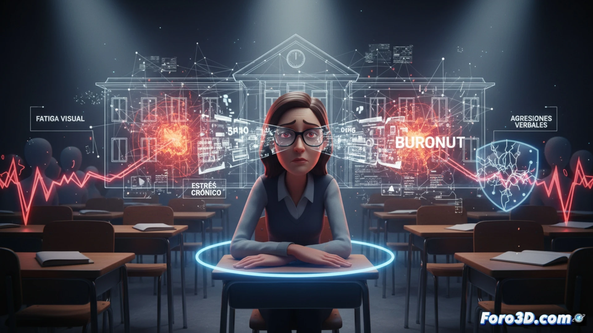 orientador escolar con fatiga visual y estres en entorno 3D de oficina escolar