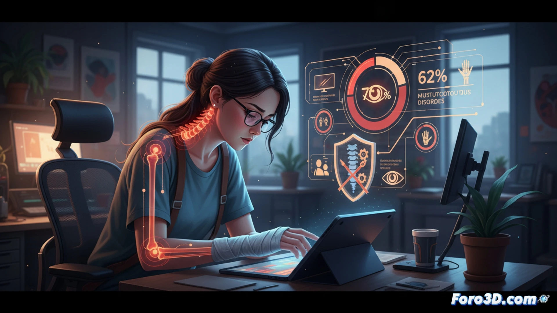 Ilustrador trabajando en tableta gráfica con dolor en muñeca y fatiga visual, fondo oscuro