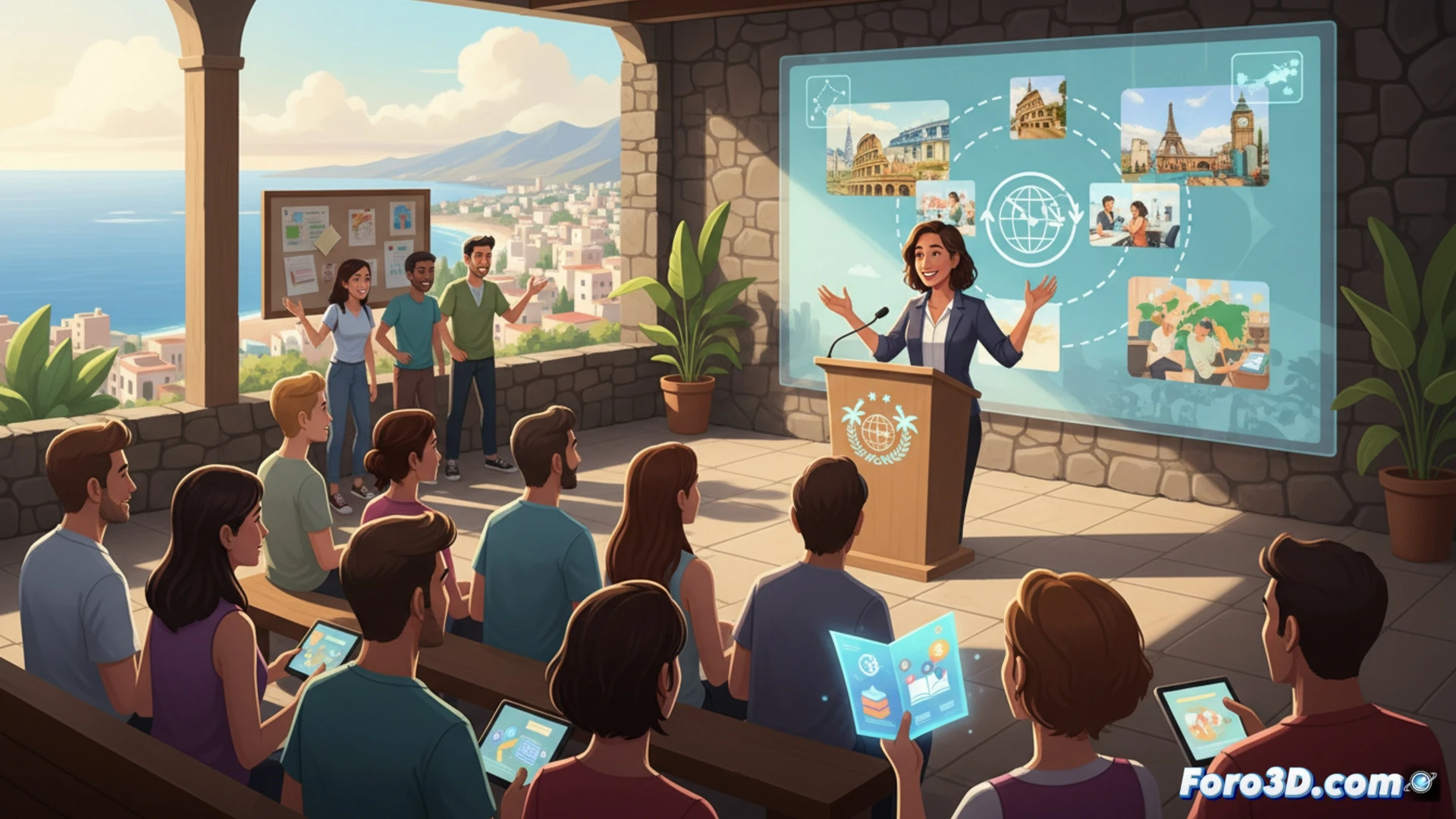photorealistic engineering visualization of a futuristic Erasmus+ information session in Canary Islands, a transparent holographic globe displaying student exchange routes from Canary Islands to European universities, glowing blue trajectory lines connecting Gran Canaria to Berlin and Paris, a young student holding a tablet with a digital application form interface, beside a modern laptop showing a scholarship approval dashboard, during a presentation in a glass-walled conference room with volcanic mountain view outside, bright natural light, clean minimalist furniture, technical illustration style, ultra-detailed skin textures and screen reflections, cinematic depth of field