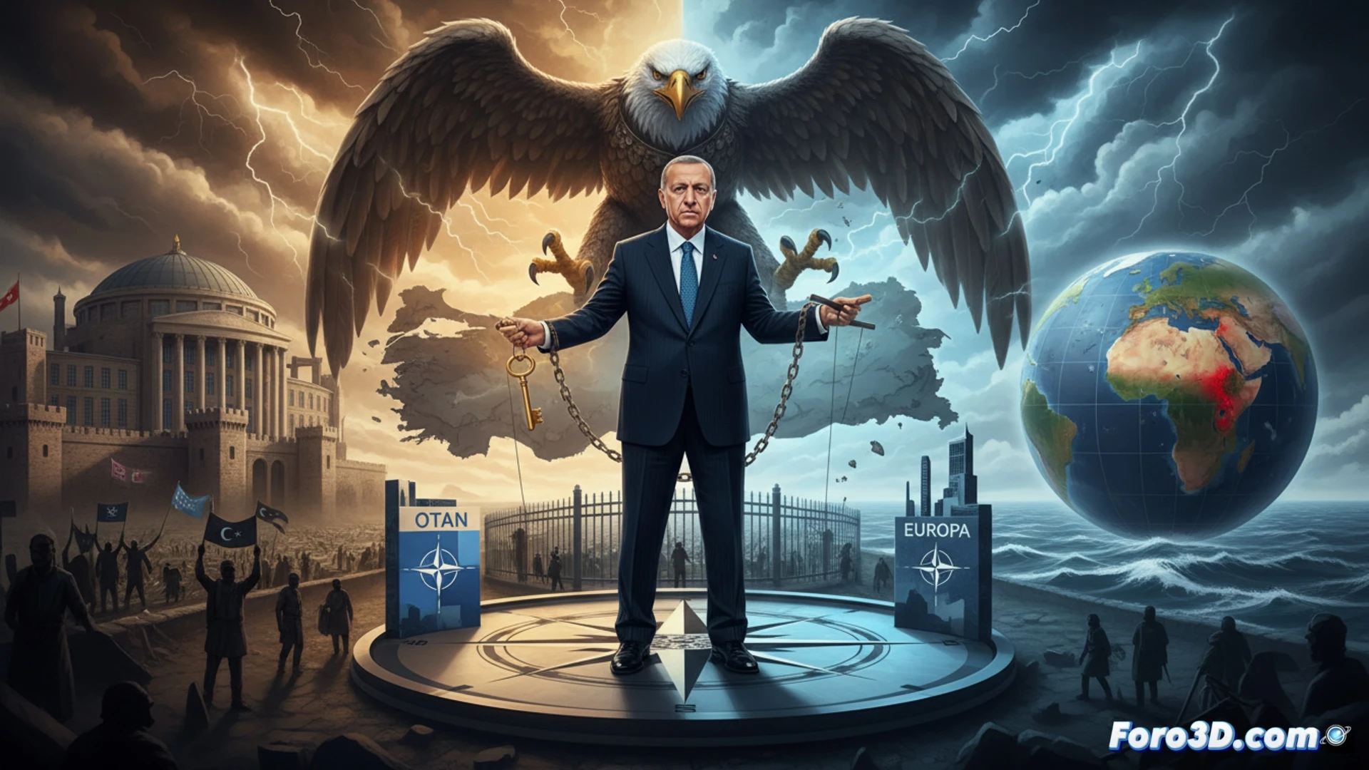 Strategic map of Europe and Middle East glowing on a digital table, Turkish flag pin being moved between NATO and EU symbols by a hand in a dark suit, border control checkpoint with partially open gate, drone hovering overhead, satellite dish receiving signals, cinematic geopolitical visualization, photorealistic engineering render, dramatic low-angle lighting on polished metal surfaces, map contours highlighted with neon blue lines, tension visible in the half-open gate mechanism, ultra-detailed tactical equipment textures