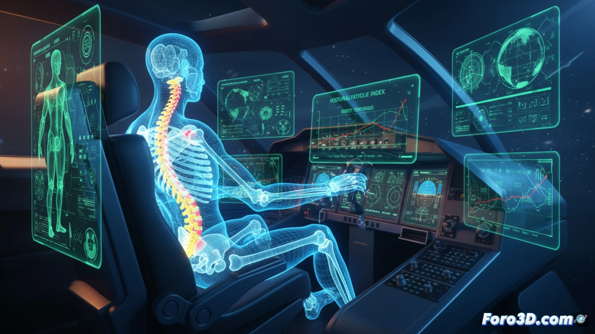 Simulación 3D de postura de piloto en cabina de vuelo para análisis ergonómico y prevención de fatiga muscular