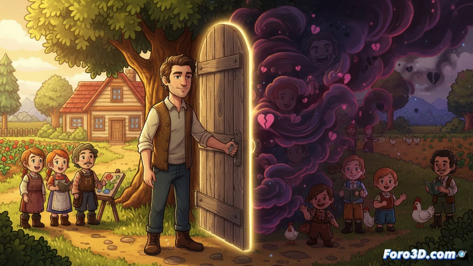 Eric Barone, junto a Caroline y Demetrius de Stardew Valley, cierra la puerta con un cartel de 'No a la infidelidad' mientras la comunidad debate.