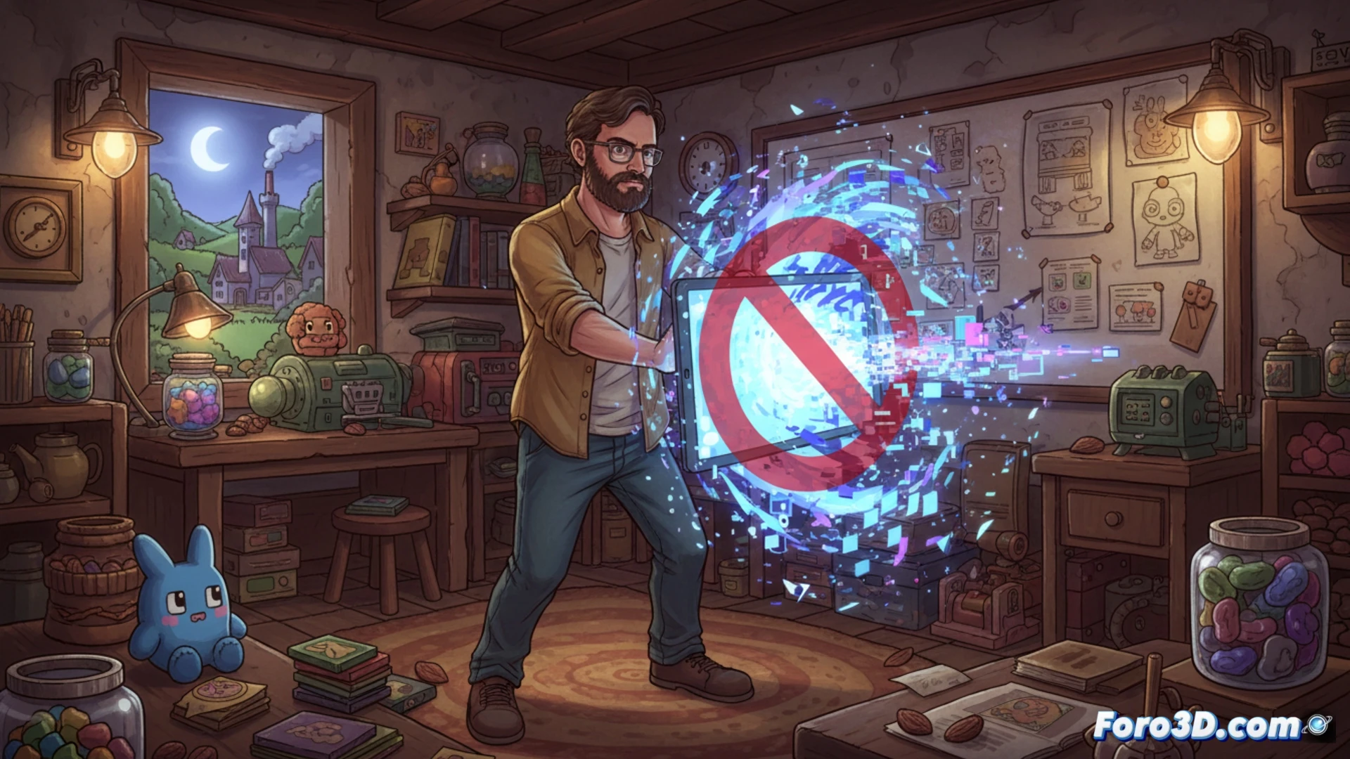 Eric Barone, con camisa a cuadros y gafas, sostiene un cartel que dice No a la IA generativa. Tras él, un pixel art de Stardew Valley y el logo de Haunted Chocolatier contrastan con engranajes de robot rotos.