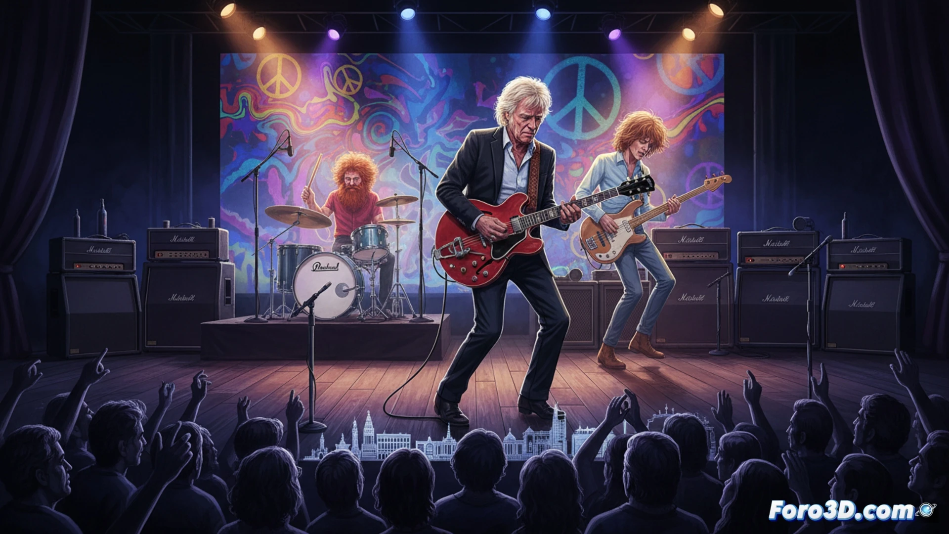 Eric Clapton en el escenario, con guitarra eléctrica, iluminado por focos azules y rojos, evoca la fusión psicodélica de Cream en Madrid y Barcelona.