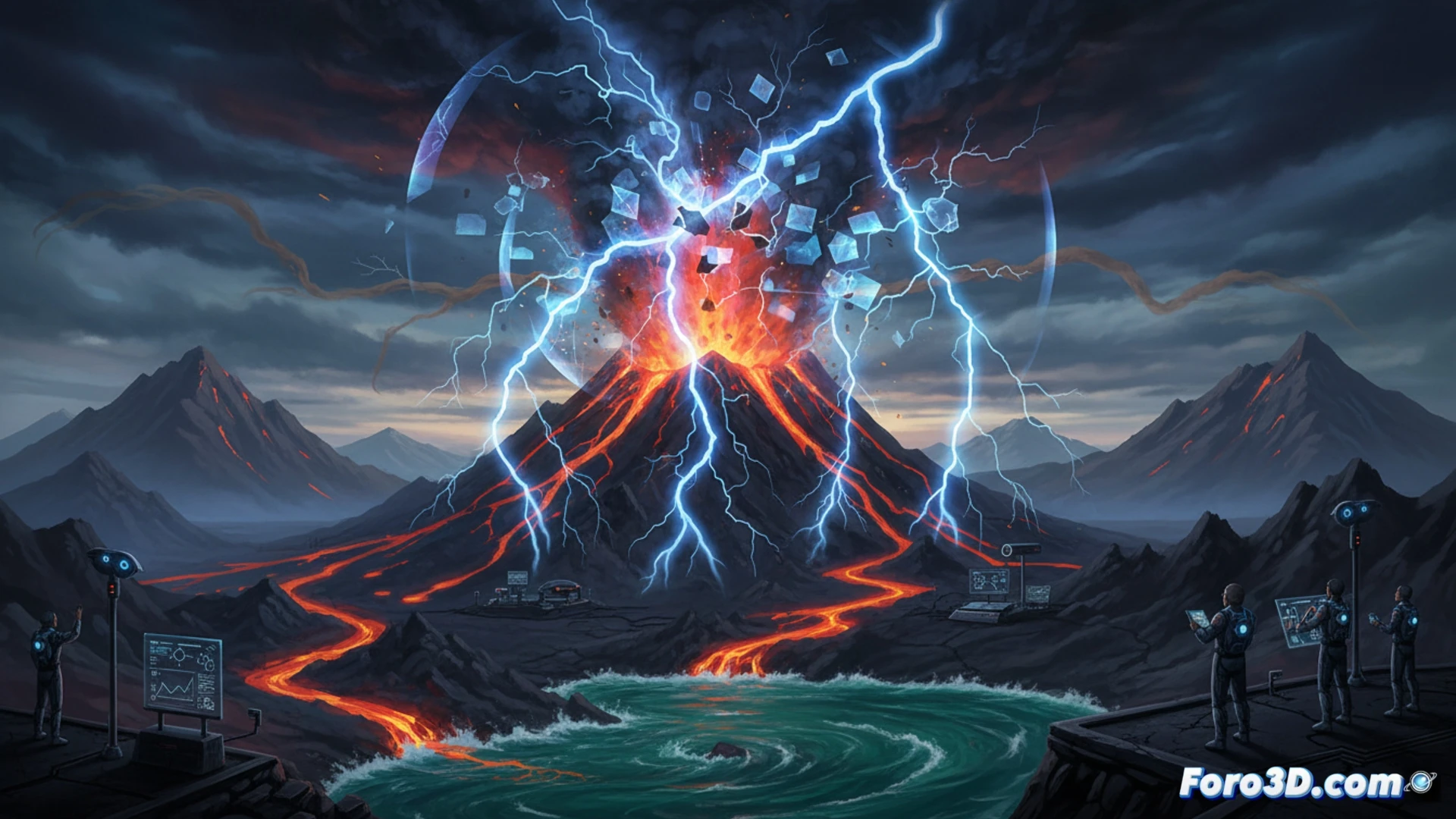 Submarine volcano eruption at ocean surface, massive plume of ash and steam rising, methane molecules depicted as glowing green particles being pulled into the volcanic cloud and breaking apart, cross-section view showing underwater lava flow interacting with seawater, scientific monitoring buoys with antennae floating nearby, satellite dish on distant research vessel receiving data, dramatic atmospheric perspective, cinematic photorealistic style, dynamic lighting from glowing lava and sky, ultra-detailed smoke and bubble textures, technical scientific visualization