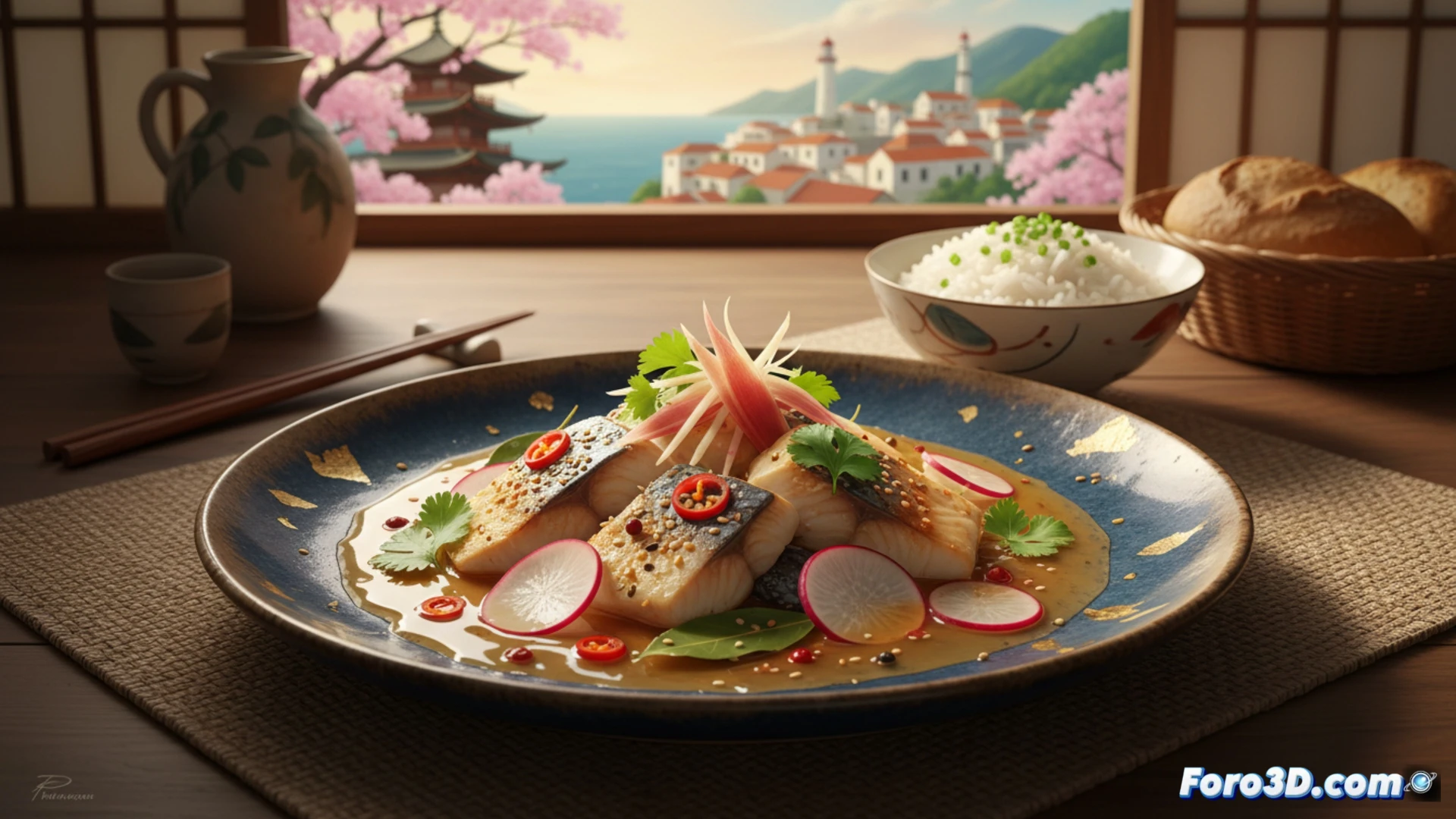 Portuguese escabeche preparation scene in a modern Japanese kitchen, chef slicing fresh mackerel fillets on a wooden cutting board, ceramic bowl with vinegar and piri-piri marinade steaming slightly, stainless steel tweezers removing pin bones, knife blade reflecting kitchen lights, glass jar with pickled vegetables and chili flakes visible on marble countertop, hands showing precise deboning technique, steam rising from a hot pan of olive oil and garlic, cinematic photorealistic food photography, soft natural light from window, deep shadows highlighting textures of fish skin and wooden utensils, ultra-detailed ingredients, dramatic culinary atmosphere