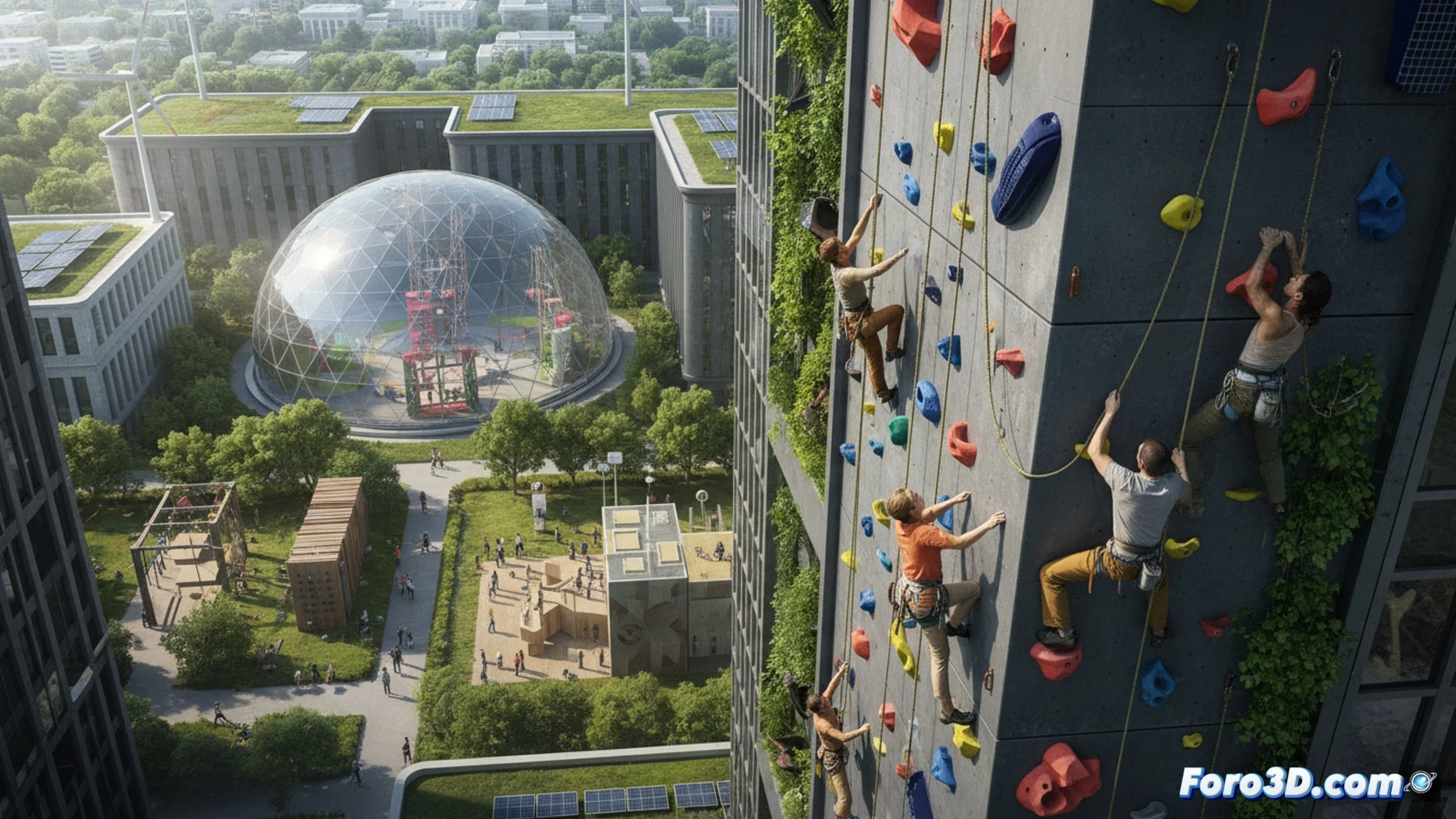 Photorealistic cinematic scene of an Olympic climbing wall integrated into a dense city skyline, climbers ascending recycled-material holds while event staff below sort reusable harnesses and carabiners into labeled bins, solar-powered timing screens display energy usage metrics, motion blur on ropes and chalk clouds, technical illustration style, warm golden hour light casting long shadows, ultra-detailed textured rock panels and urban concrete, sustainable gear lifecycle demonstrated in foreground action