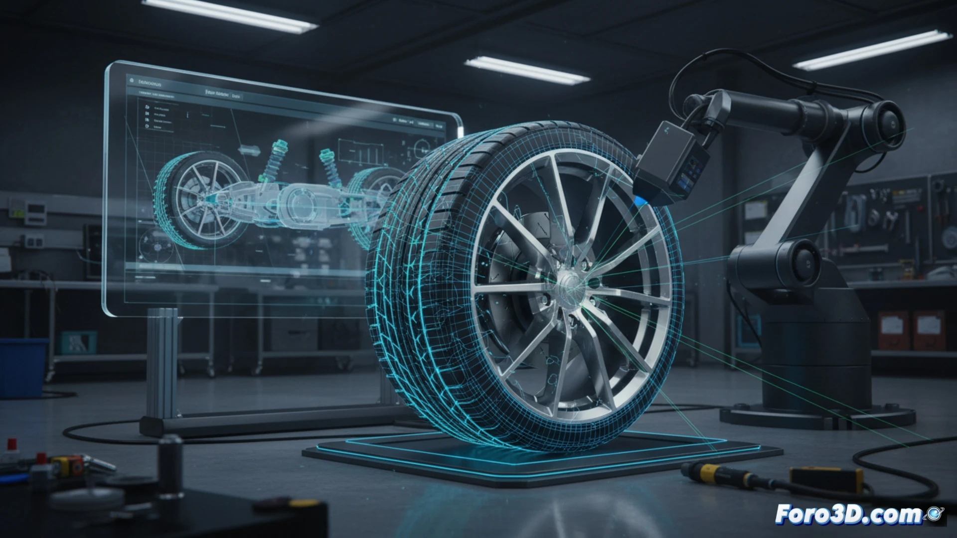 Escaneo 3D de rueda de automóvil con luz estructurada, precisión micrométrica para modelado digital.