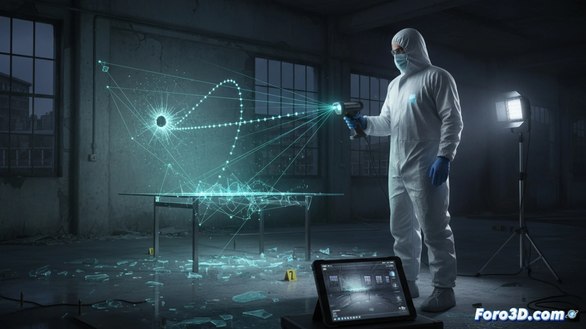 Un laboratorio forense iluminado en azul, con un escáner 3D sobre trípide proyectando una rejilla láser sobre una habitación recreada digitalmente; una bala flota en la trayectoria virtual.