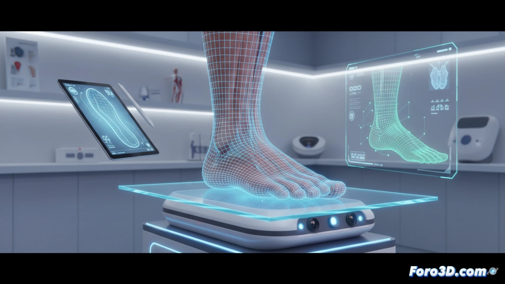 Un pie humano escaneado por luz azul, con malla digital 3D precisa sobre fondo oscuro.