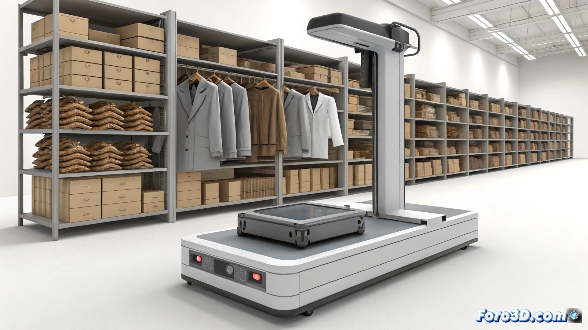 Descripción detallada de imagen (80-120 caracteres):  
Dependiente usa escáner 3D portátil frente a estantería desordenada; pantalla muestra gemelo digital con plano virtual y productos reubicados en segundos.