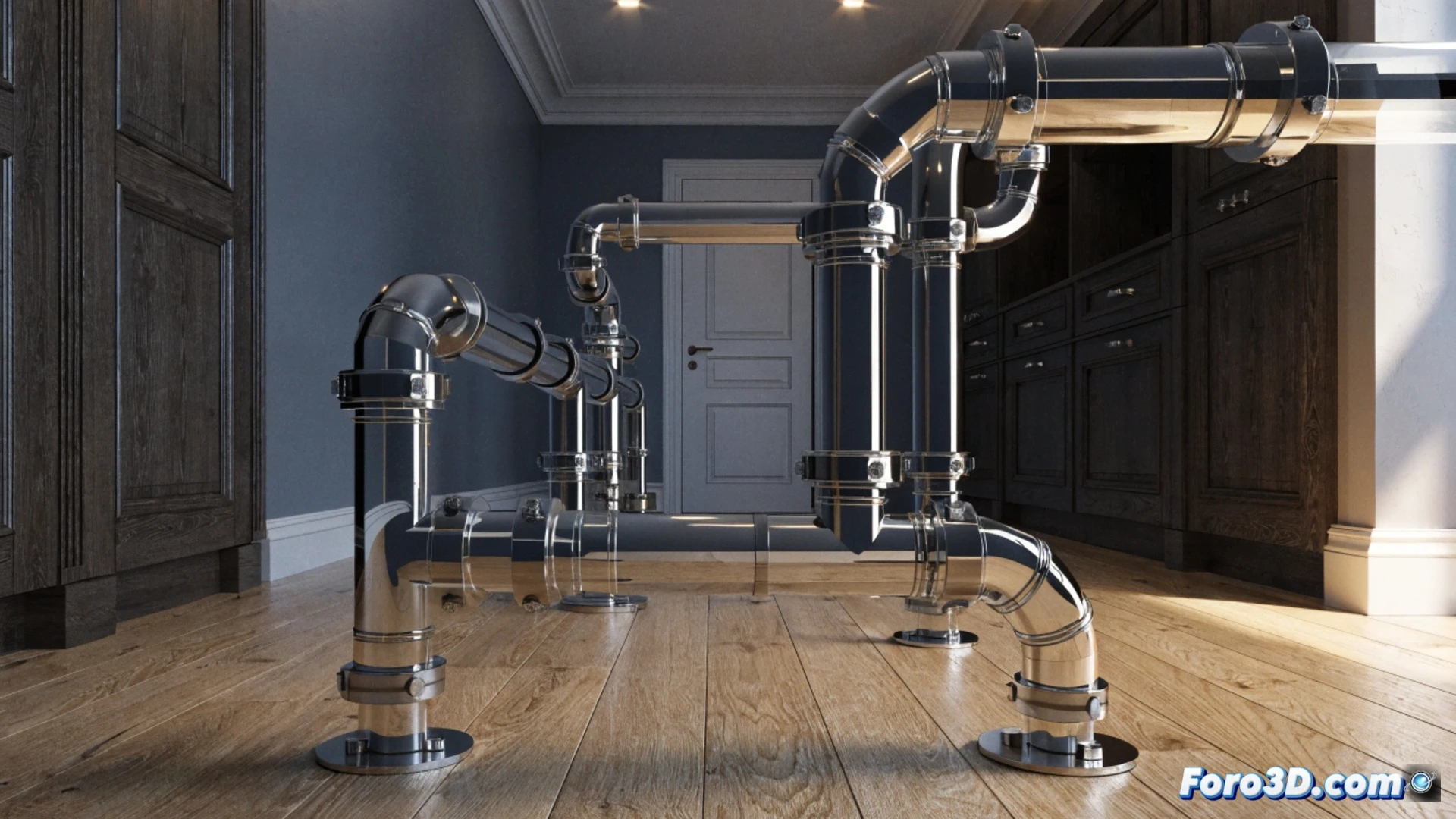 Imagen realista de un gasista usando un escáner 3D portátil en una cocina, con una tubería de cobre premontada sobre la encimera y un plano digital en la tablet.