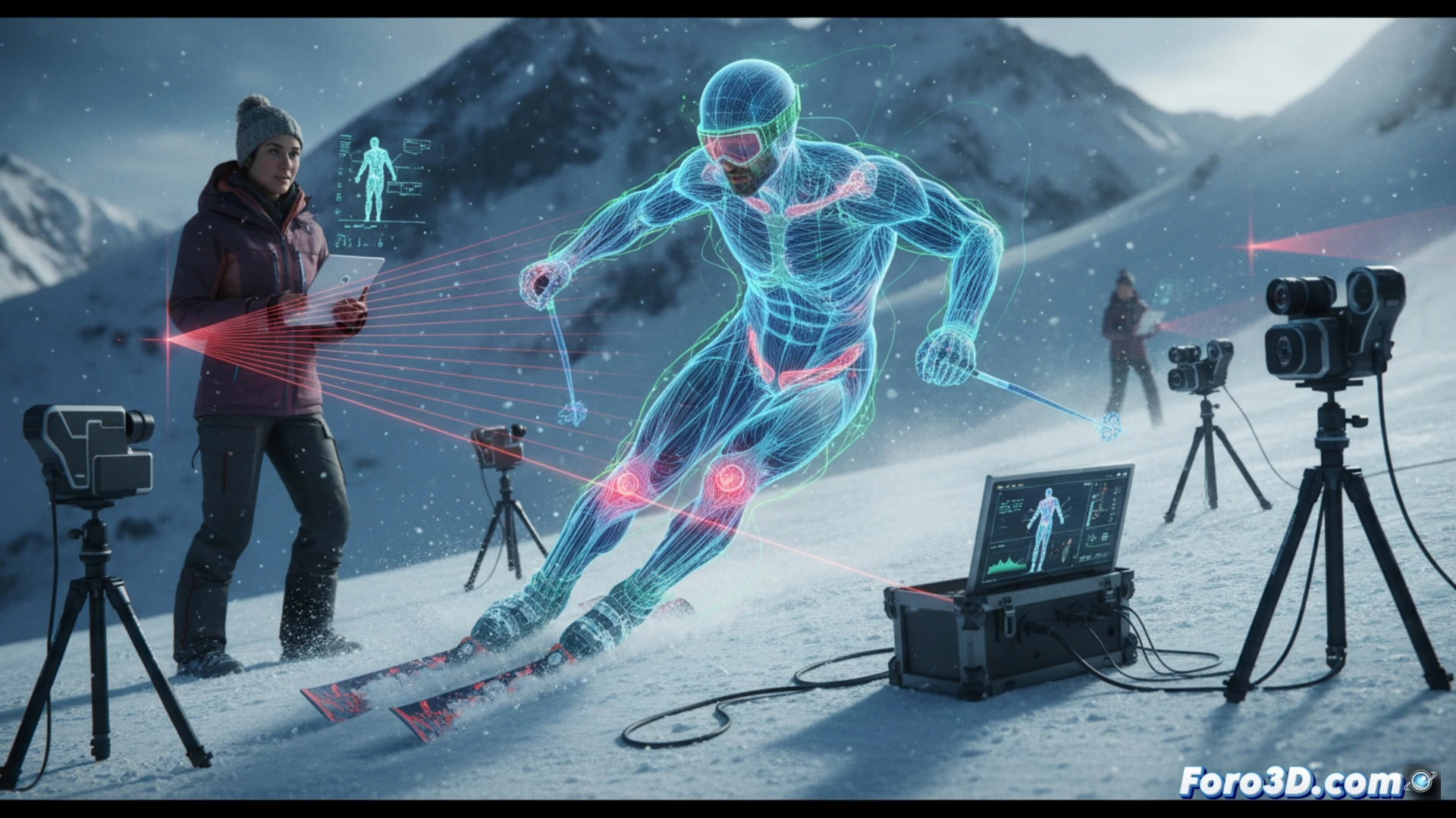 Instructor de esquí analiza postura de alumno con modelo 3D generado por LiDAR, revelando desviaciones corporales en la nieve.
