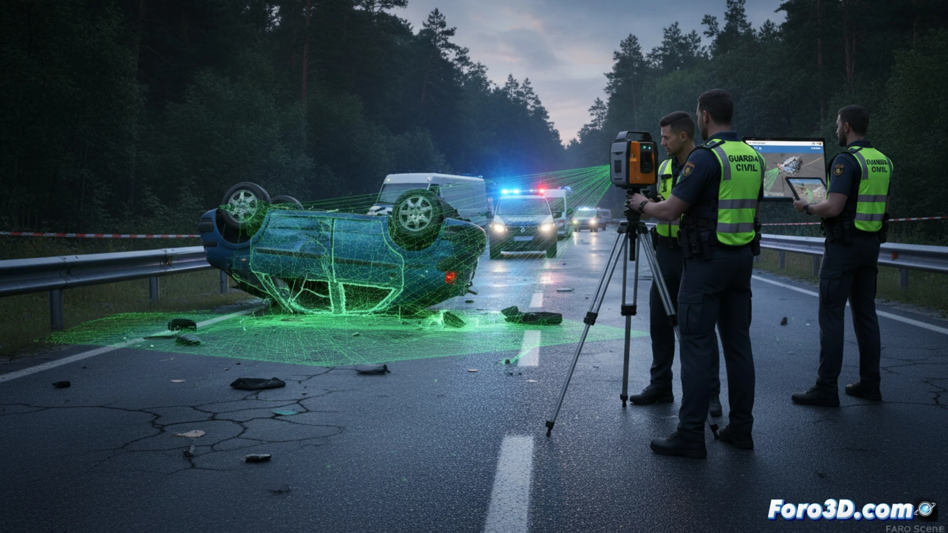 Agente de la Guardia Civil usa escáner láser 3D en escena del crimen, capturando nubes de puntos para reconstrucción forense precisa.