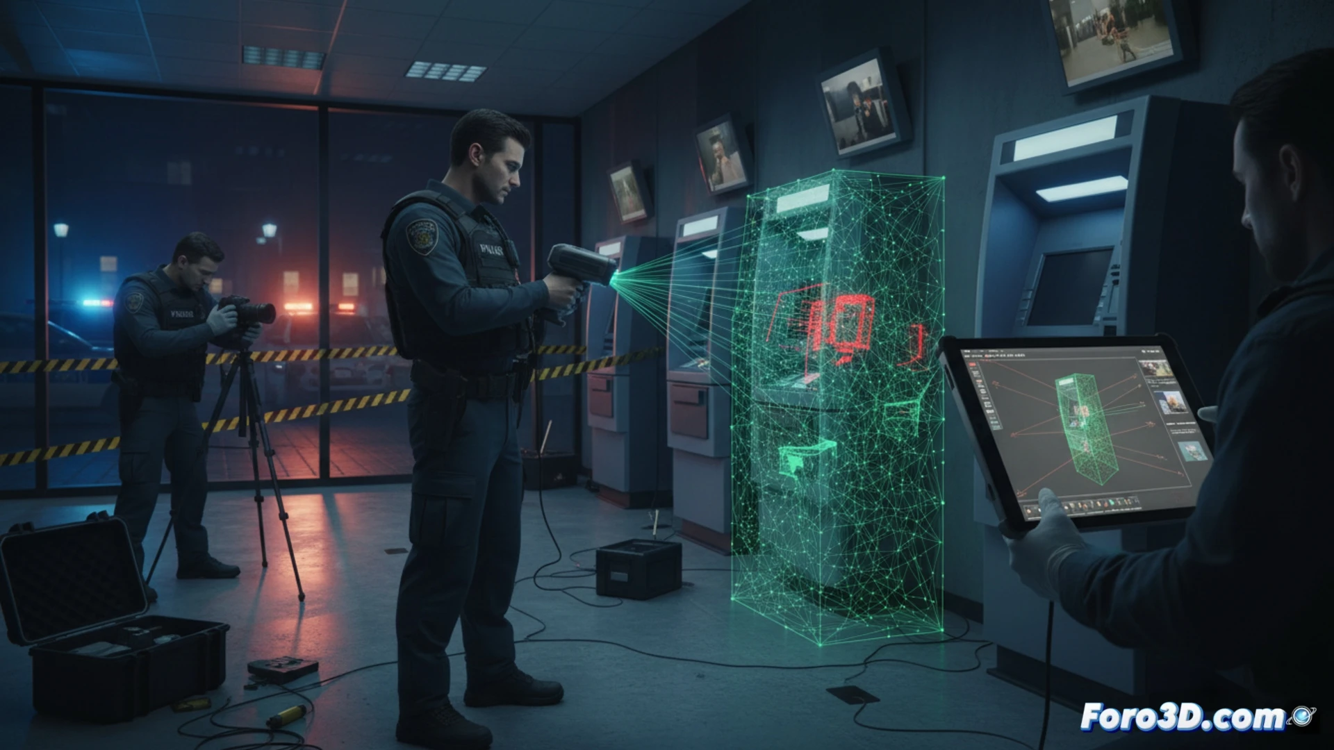 Escaneo 3D forense de cajero automático con dispositivo clonador oculto, documentación milimétrica de la escena del crimen