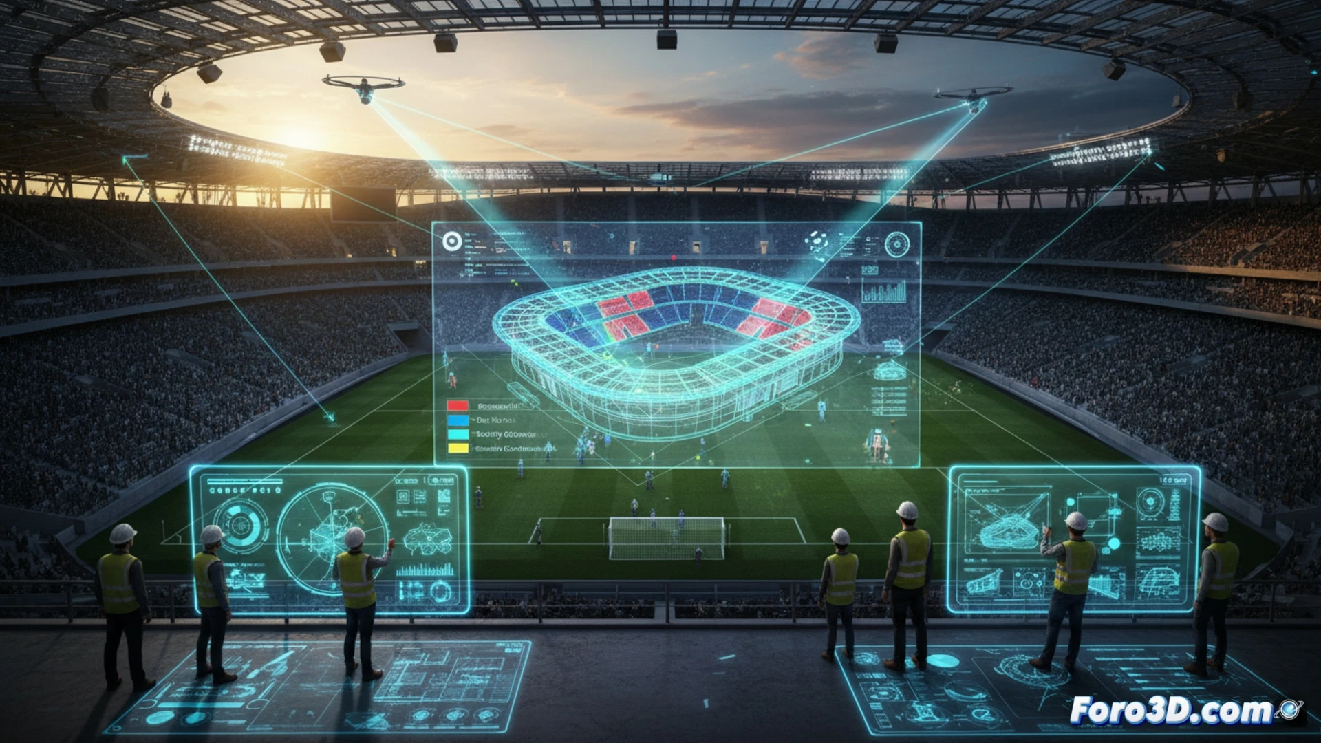 Un gestor deportivo sostiene un escáner 3D frente a una pista de atletismo; luces azules barren el suelo mientras marcas reglamentarias aparecen en una tableta.
