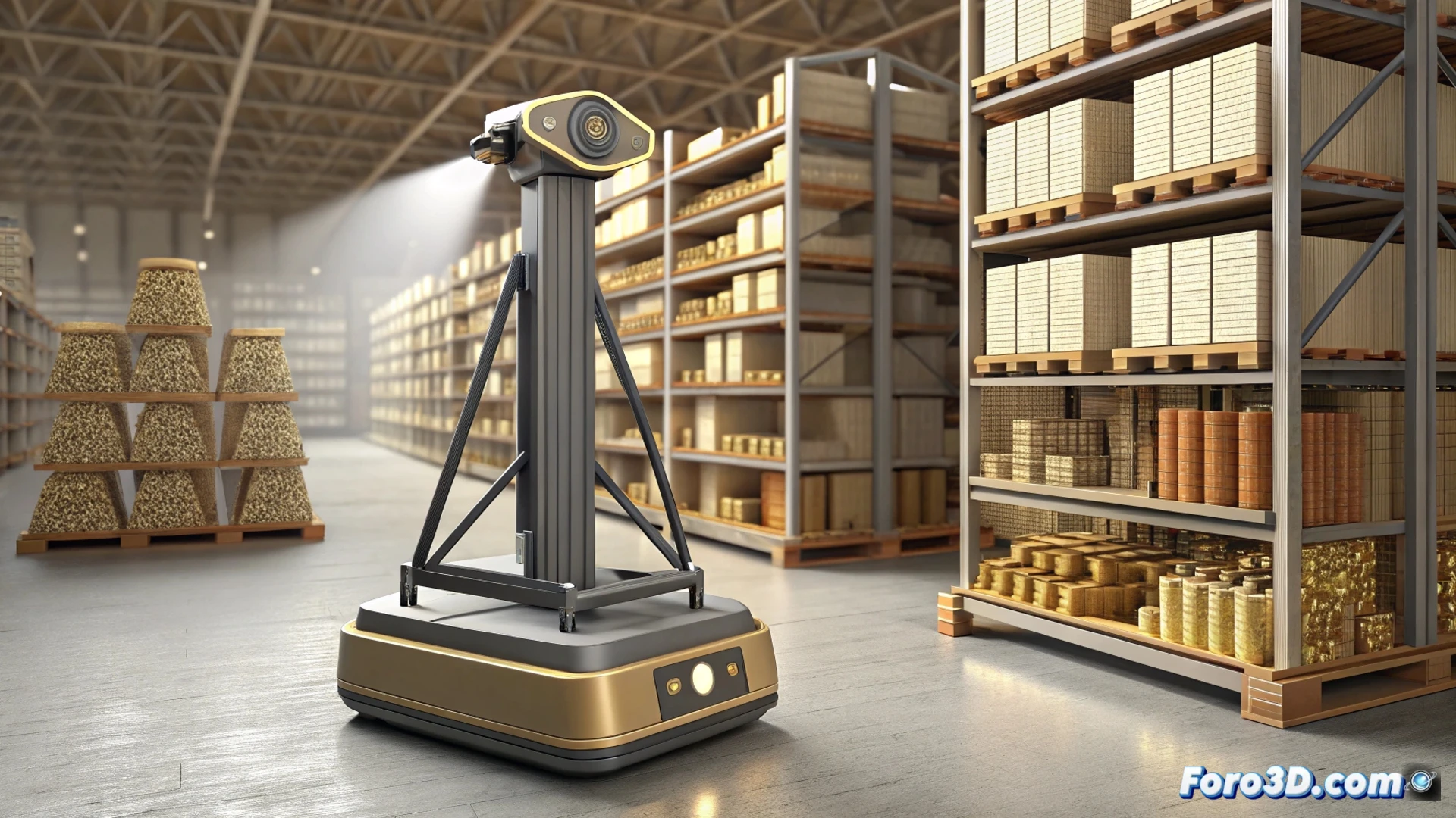 Un encargado de tienda usa un escáner 3D portátil sobre un lineal. Luces proyectan una rejilla azul que detecta huecos en estanterías, con datos de stock en una tableta. Fondo de pasillo minorista moderno.