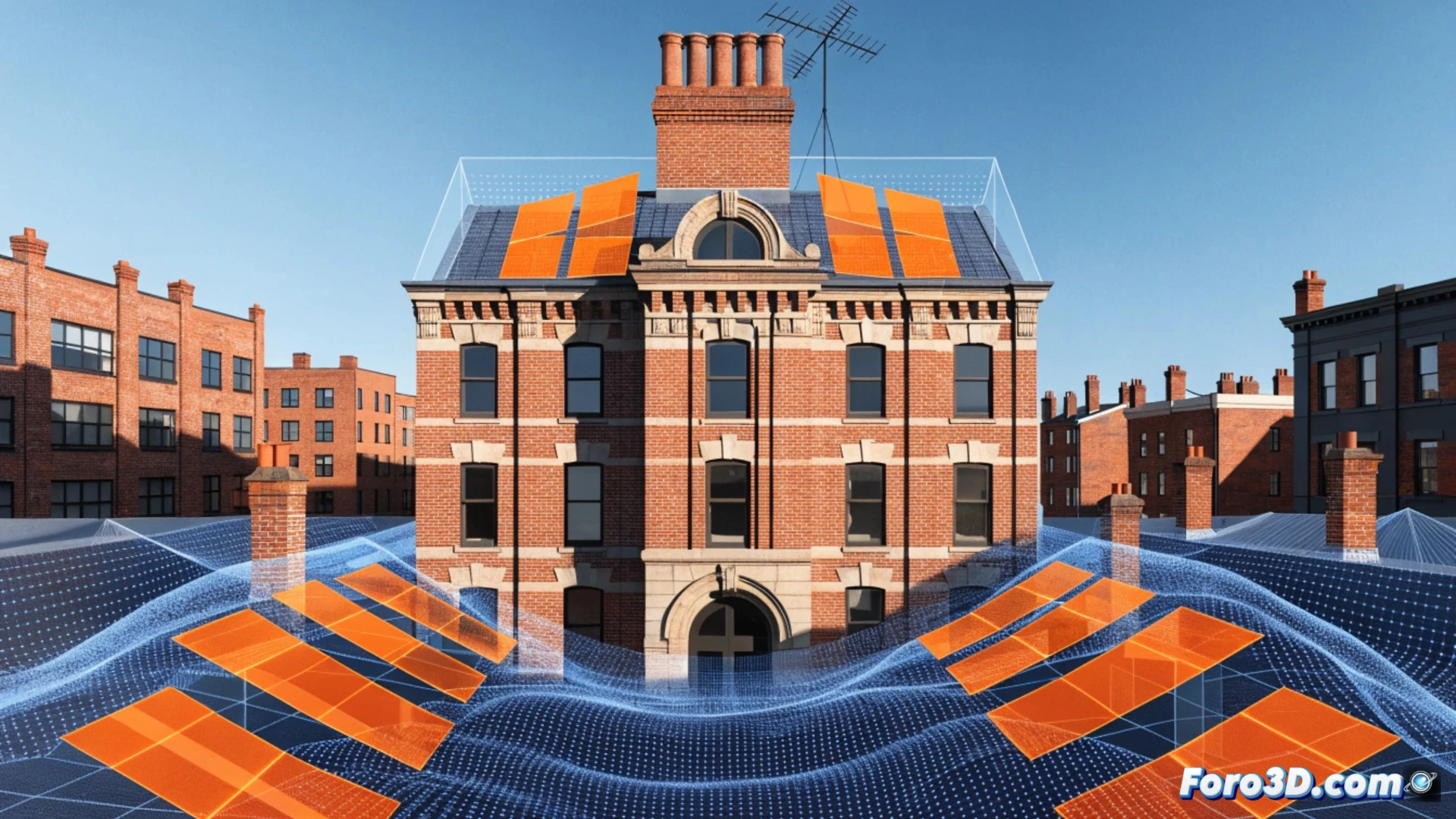 Un técnico sostiene un escáner 3D sobre un tejado con paneles solares; una pantalla muestra el modelo digital evitando sombras de chimeneas.