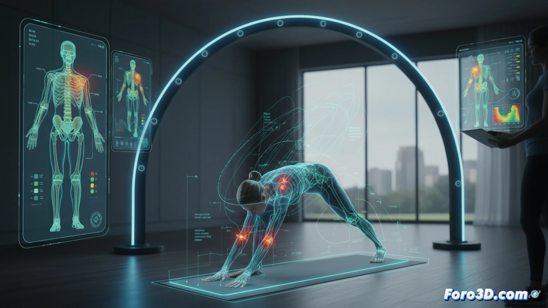 Escaneo corporal 3D de instructor de yoga en postura, análisis biomecánico digital para prevención de lesiones laborales
