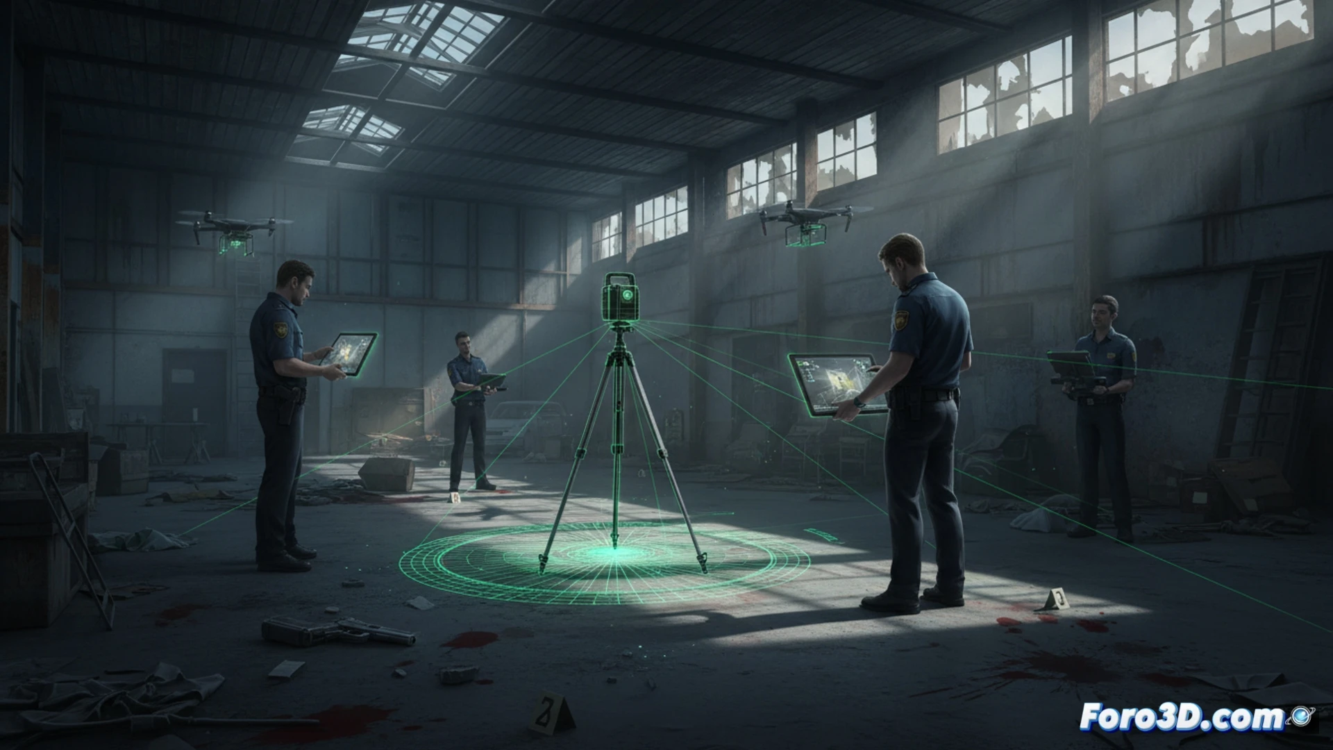 Un técnico forense escanea una escena del crimen con un láser 3D, mientras un modelo digital detallado se proyecta en una pantalla.