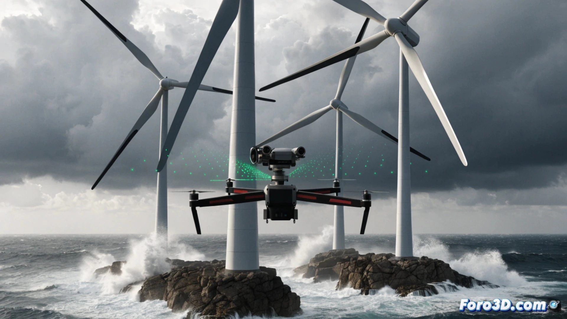 Dron láser inspecciona pala eólica desde tierra, evitando escalada. Técnico analiza datos 3D en pantalla, detectando microfisuras con precisión.
