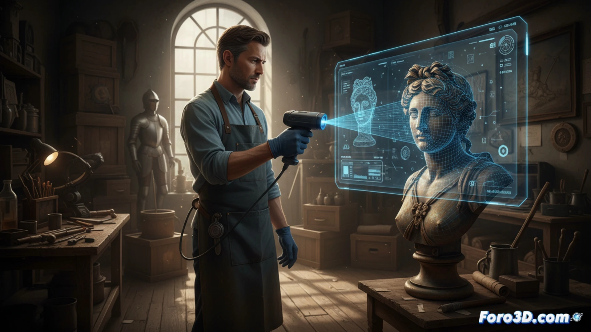 Anticuario usando escáner 3D para digitalizar mueble antiguo sin contacto, evitando riesgos laborales