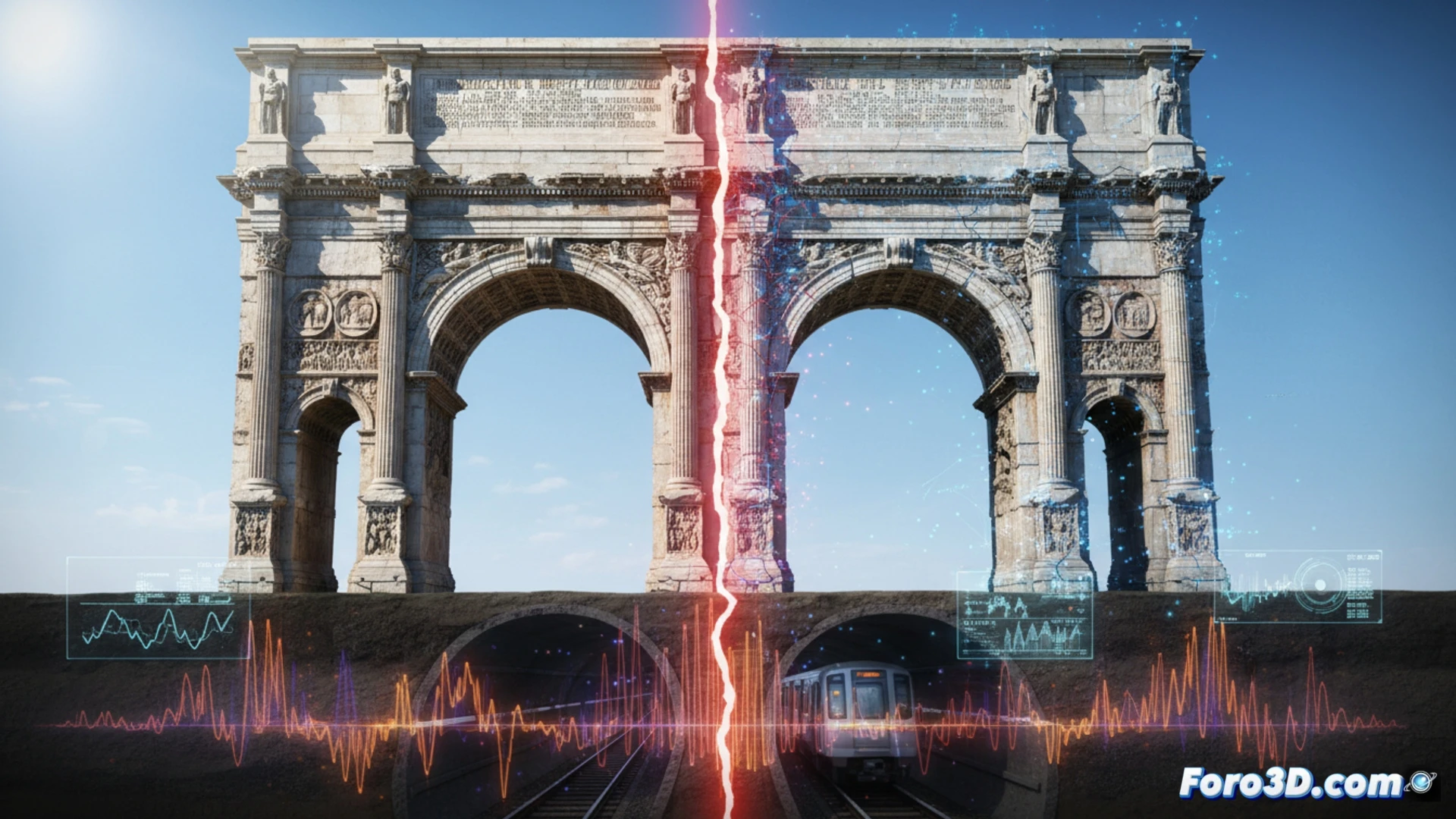 Escaneo 3D del Arco de Trajano revelando micro-fisuras por vibraciones del metro en Roma