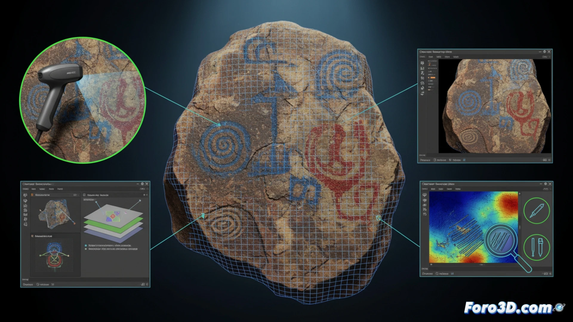 Escaneo 3D de petroglifo con graffiti para restauración virtual y peritaje forense arqueológico