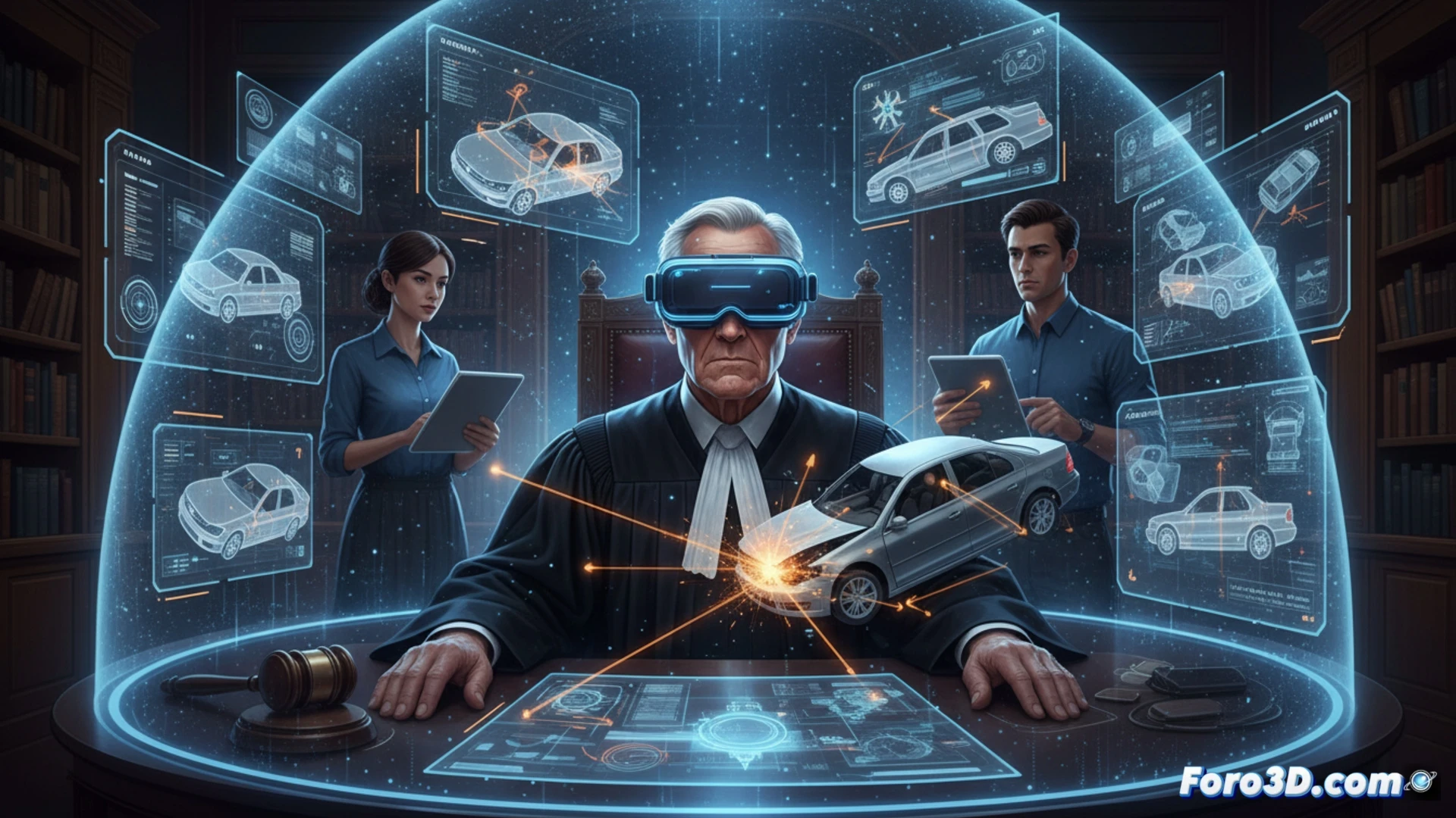 Reconstrucción virtual 3D de un accidente de tráfico; el juez examina con gafas de realidad virtual la posición exacta de los vehículos desde múltiples ángulos.