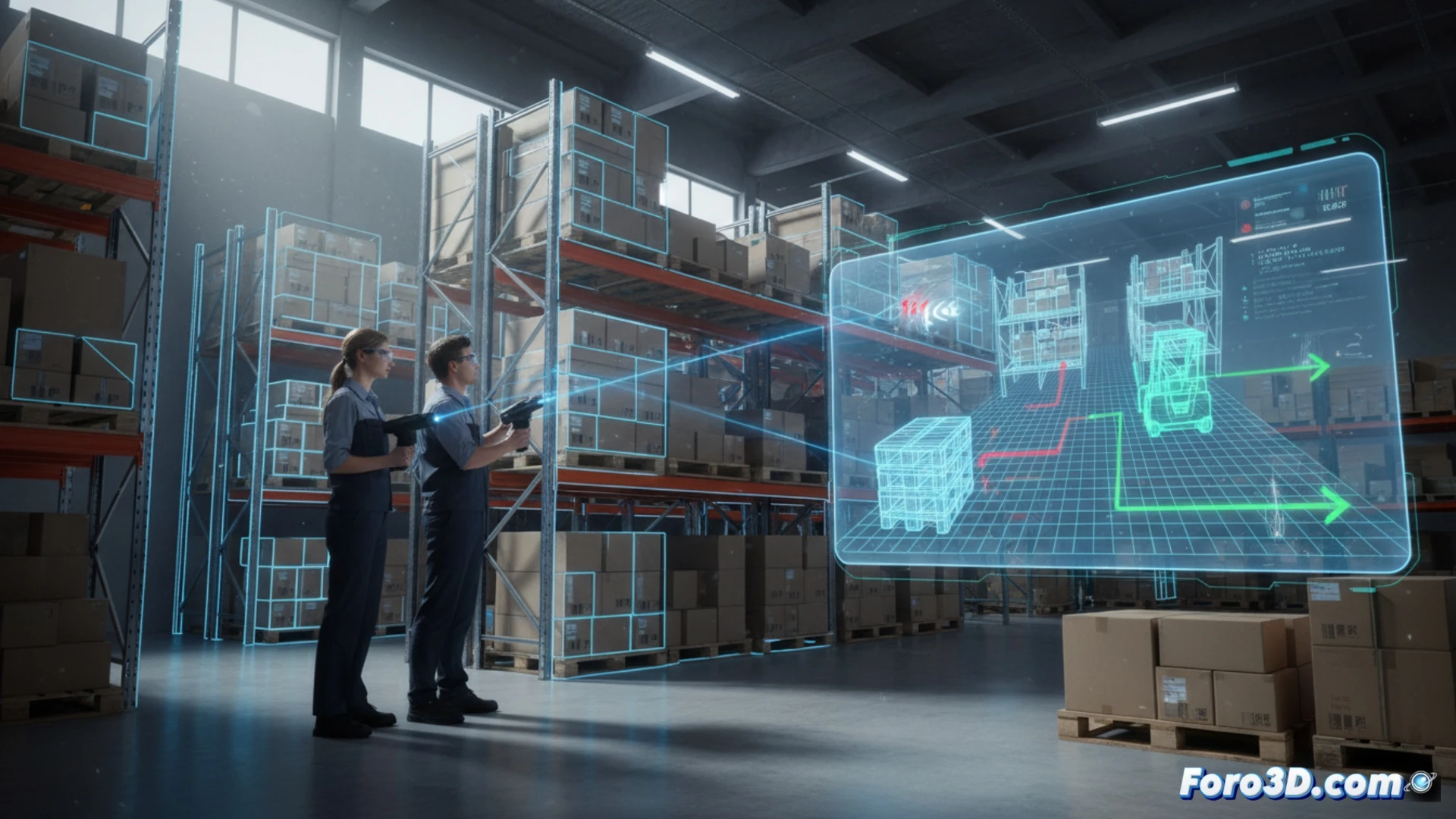 Un operario con escáner 3D portátil digitaliza un almacén moderno, simulando palés y rutas de picking en pantalla para optimizar el espacio.