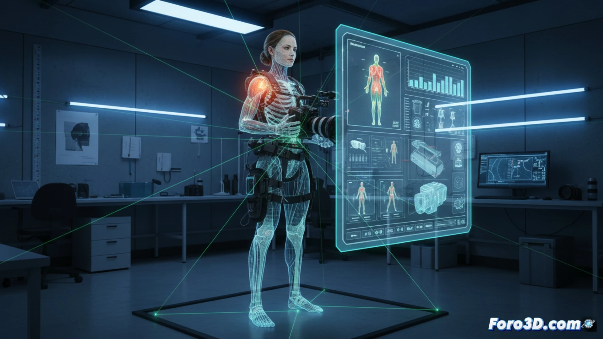 Escáner corporal 3D analizando postura de operador de cámara con equipo pesado para prevención de lesiones