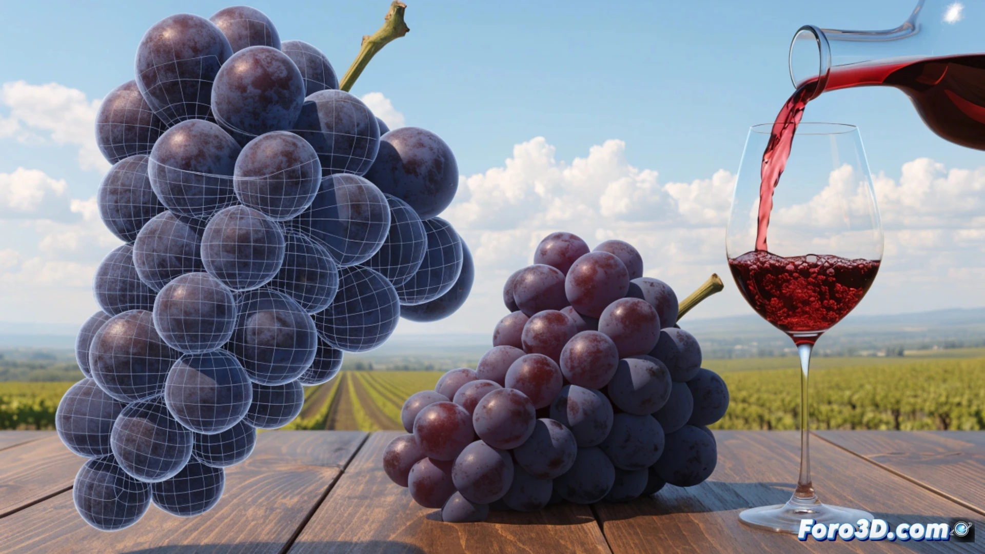 Un escáner 3D ilumina un racimo de uvas tintas; al fondo, gráficos de datos predicen la calidad del vino.