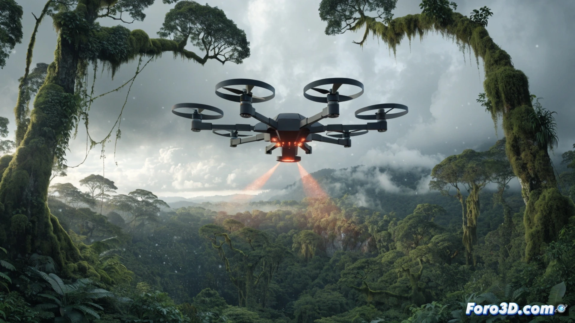 Dron volando sobre un bosque verde, emitiendo luz LiDAR, con mapa 3D del terreno en una tableta.