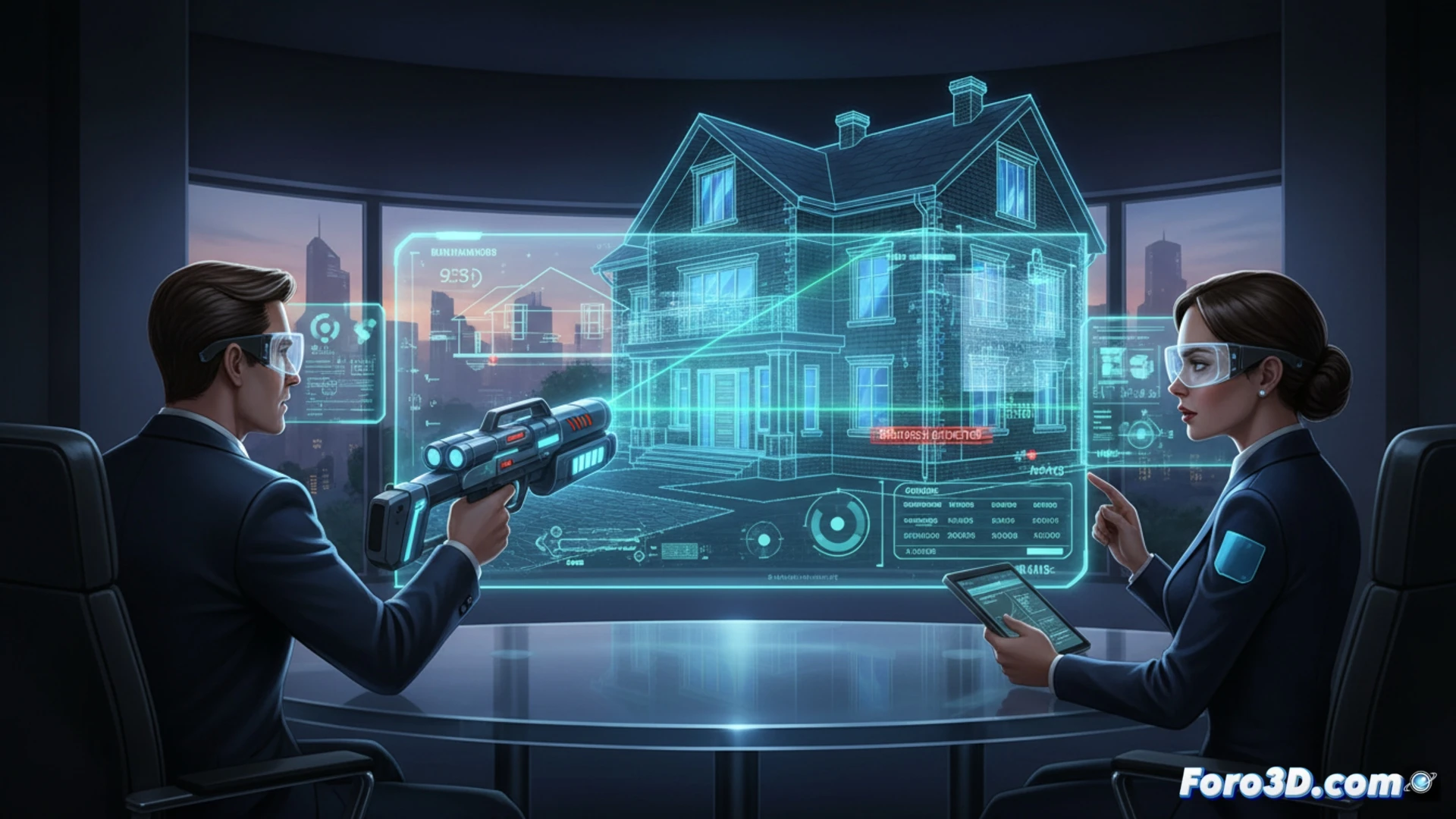 Un inspector fiscal examina en una pantalla un modelo 3D de una nave industrial, comparando sus dimensiones reales con datos tributarios, mientras iconos de IBI y validación flotan junto al escáner digital.