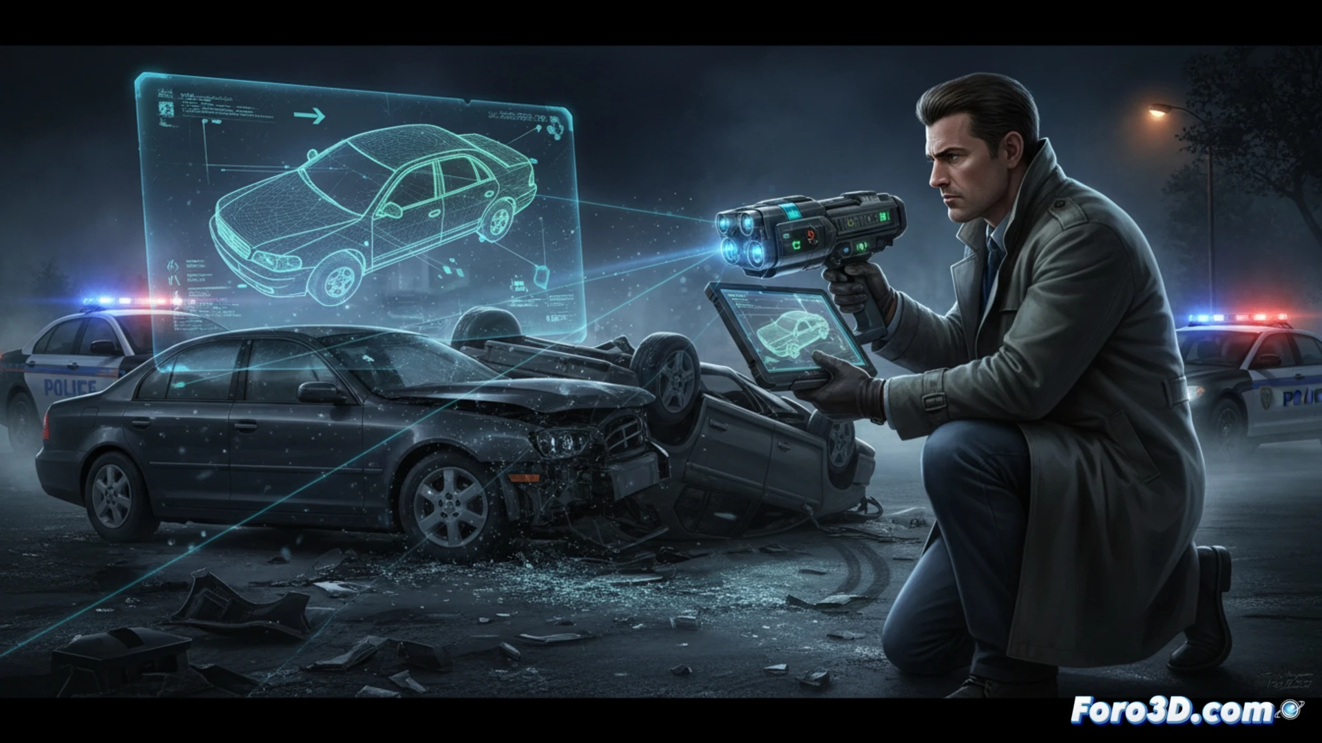 Un detective sostiene un escáner 3D junto a un coche accidentado, generando un modelo virtual en una tableta para analizar trayectorias y velocidades.