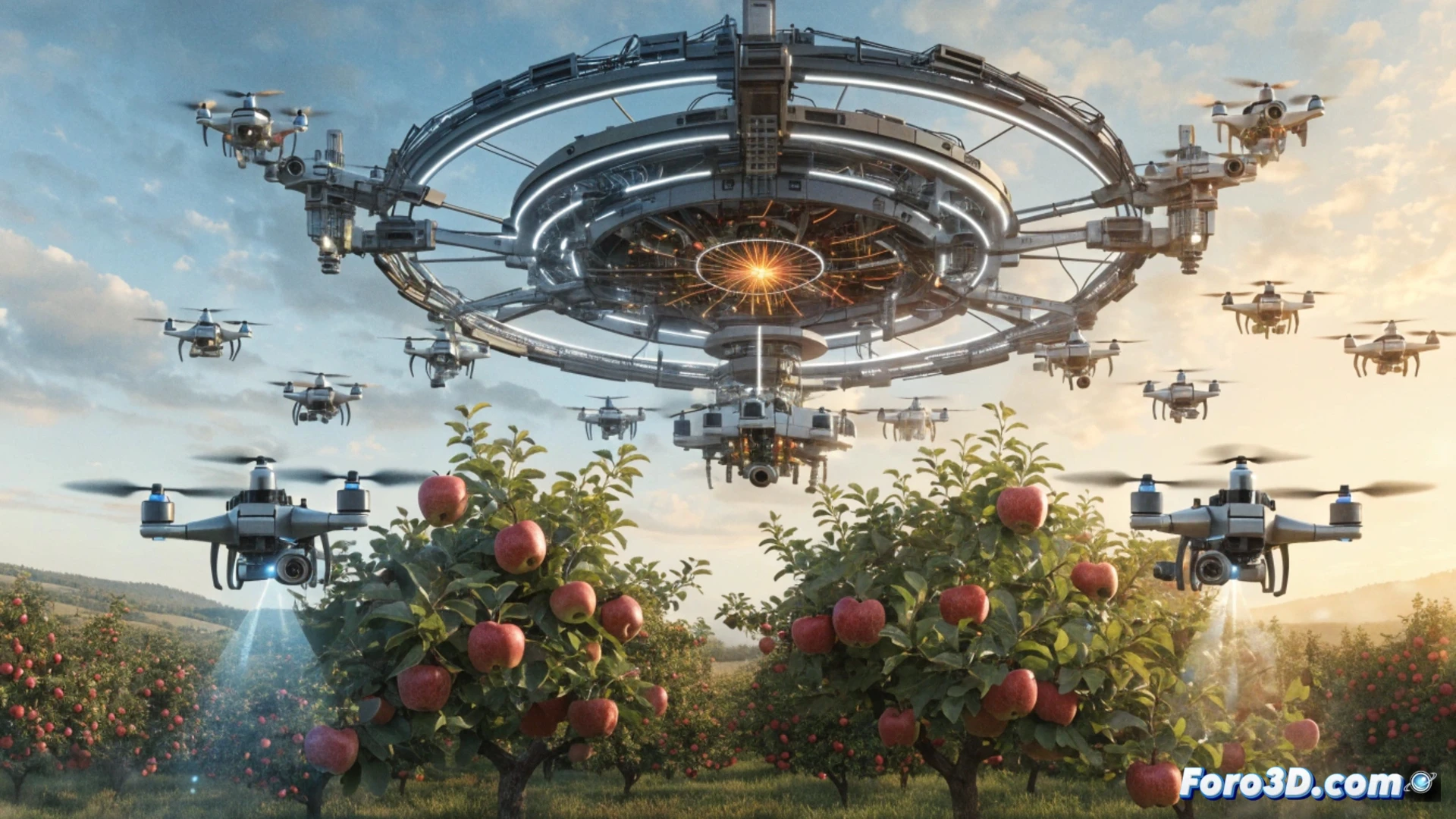 Dron sobrevolando un campo de aguacates, con un escáner LiDAR 3D identificando fruta madura en tiempo real.