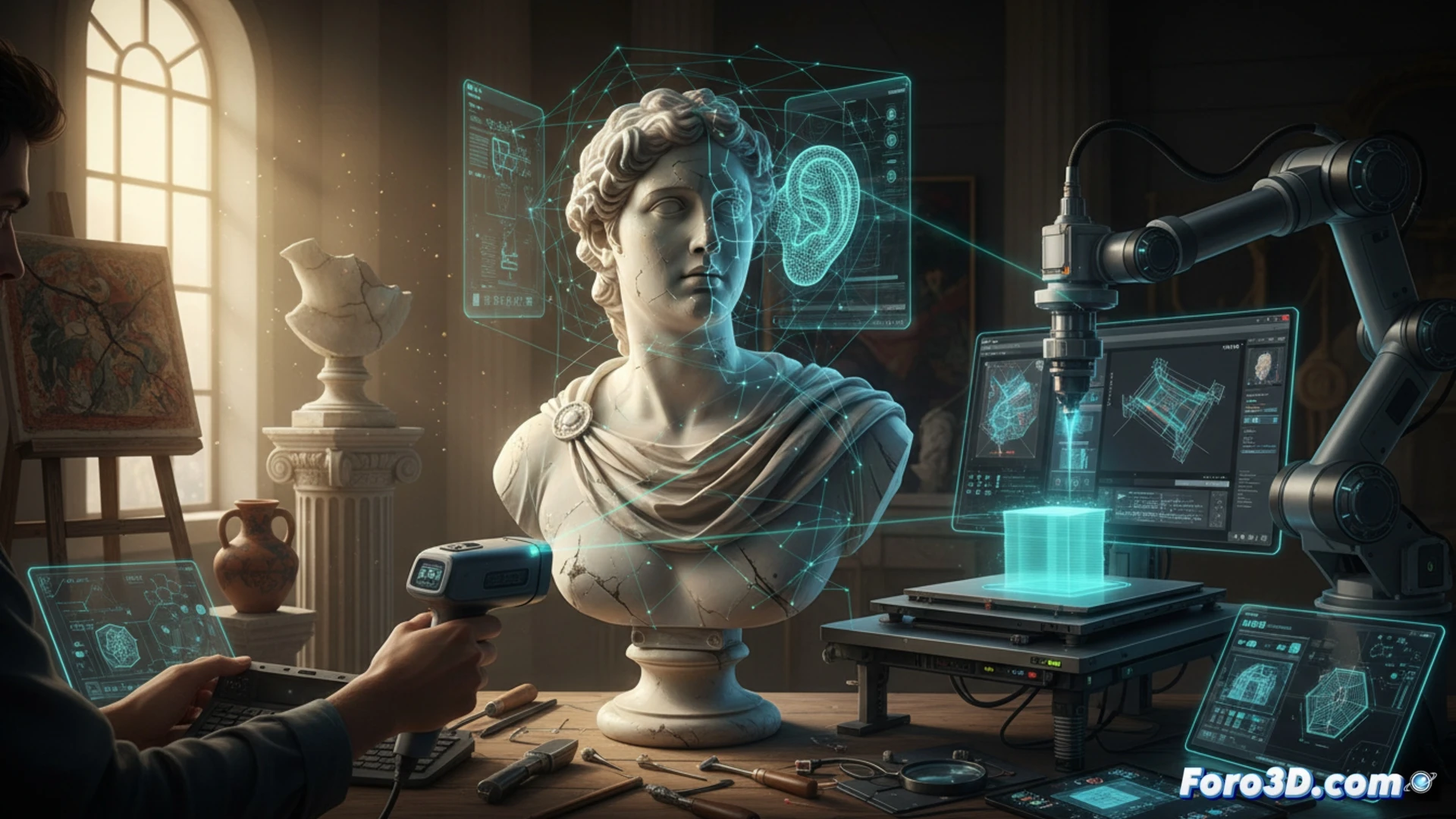 Un restaurador sostiene una tableta que muestra el escaneo 3D de una escultura de mármol, mientras la pieza original yace intacta al lado.