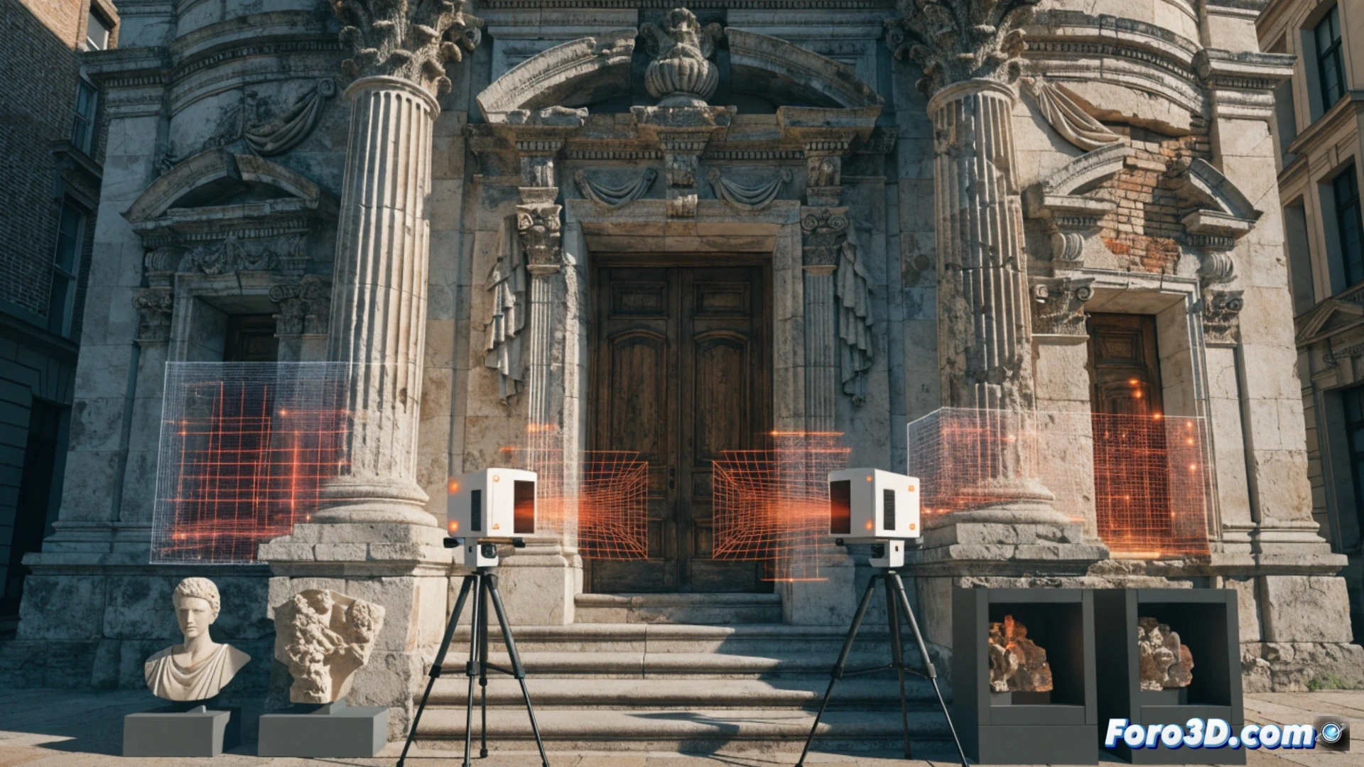 Un escáner 3D digitaliza una cornisa barroca erosionada, mientras un software modela la parte faltante y una impresora crea un molde exacto en resina.