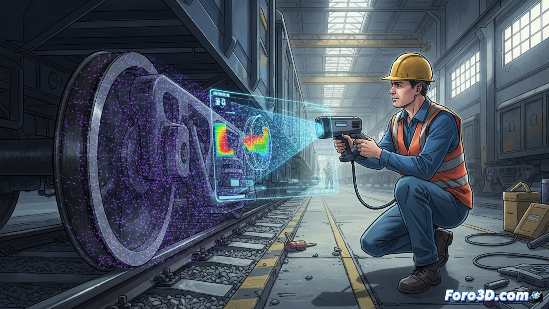 Un revisor ferroviario sostiene un escáner láser portátil sobre un rail, proyectando una rejilla azul que captura su perfil en una nube de puntos 3D, con una tableta mostrando el análisis de deformaciones en GOM Inspect.