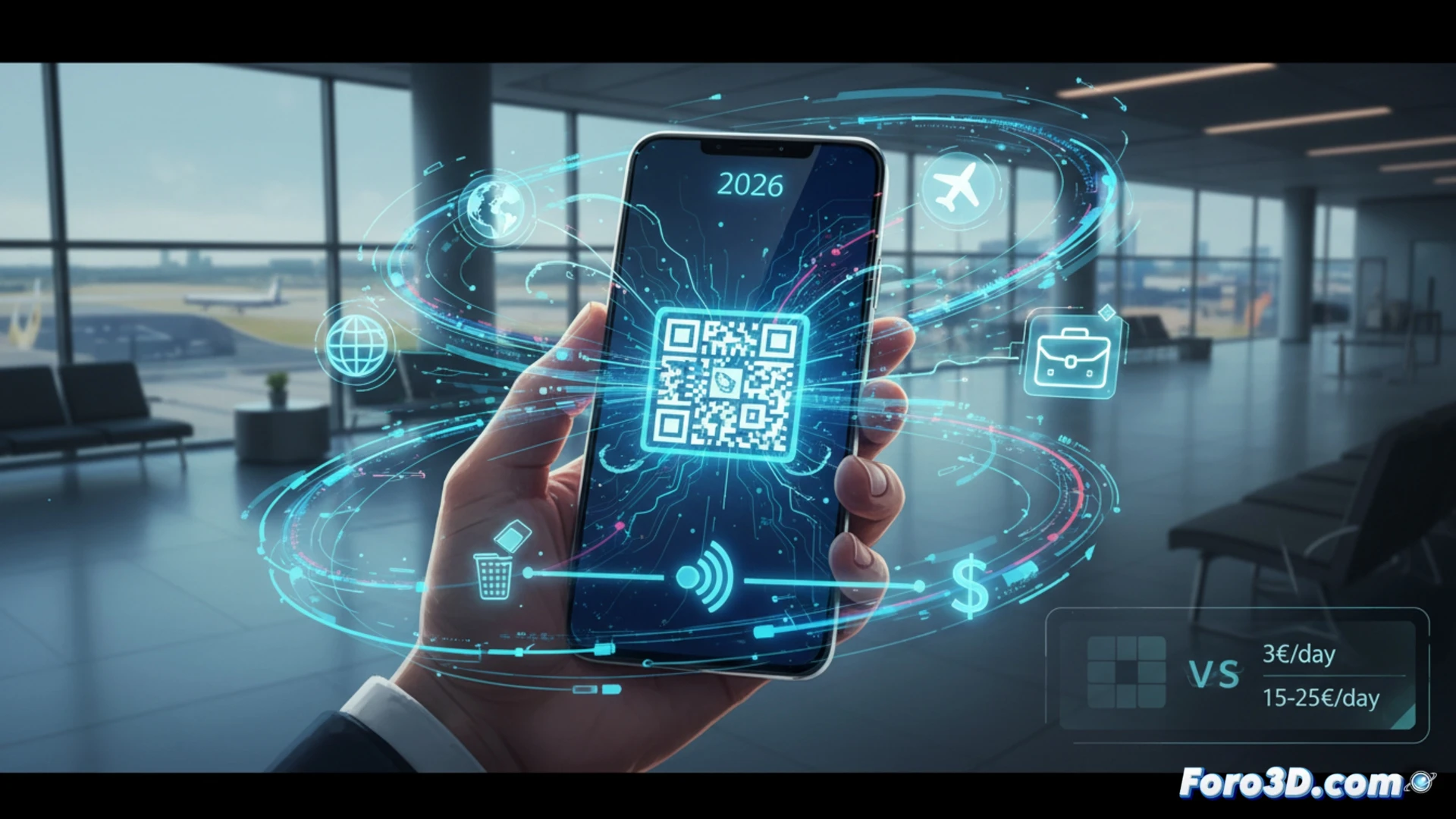 Photorealistic technical illustration of a smartphone held in hand, screen displaying a QR code scanning interface for eSIM activation, miniature holographic globe hovering above the phone showing data signal waves spreading across continents, a discarded physical SIM card and metal tray lying beside the device, no text or numbers visible, cinematic lighting with blue and orange accents, sleek metallic smartphone body, glowing digital particles representing instant data connection, ultra-detailed macro lens perspective, engineering visualization style, action of activation process demonstrated through dynamic light trails, modern minimalist workspace background, soft shadows, dramatic contrast