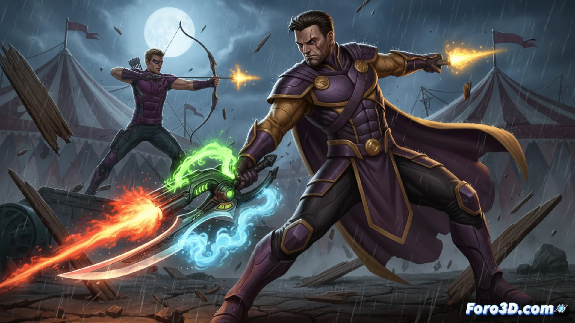Un espadachín de mirada cruel blande una espada tecnológica brillante frente a un joven Clint Barton con arco torcido.