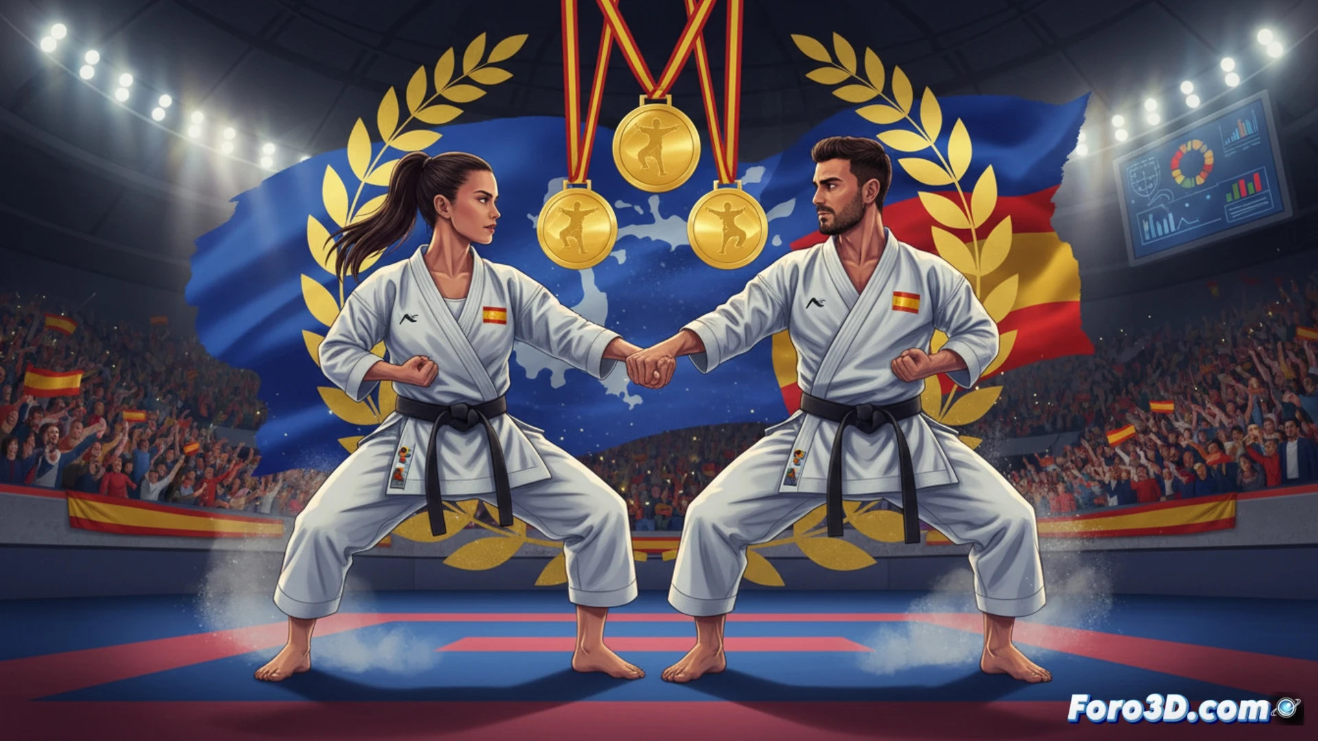 Spanish national kata team competition scene, four karate athletes in synchronized motion on a blue tatami mat, Paola García and Raúl Martín leading a precise technical sequence, white karate gis with red and blue belts, dynamic arm strikes and controlled stances during a tournament final, overhead arena lights creating dramatic shadows on the mat, audience blurred in background, European championship banners visible, photorealistic sports photography style, frozen action moment showing perfect alignment of limbs and posture, high-contrast lighting emphasizing muscle tension and fabric folds, ultra-detailed facial expressions of extreme concentration, cinematic depth of field