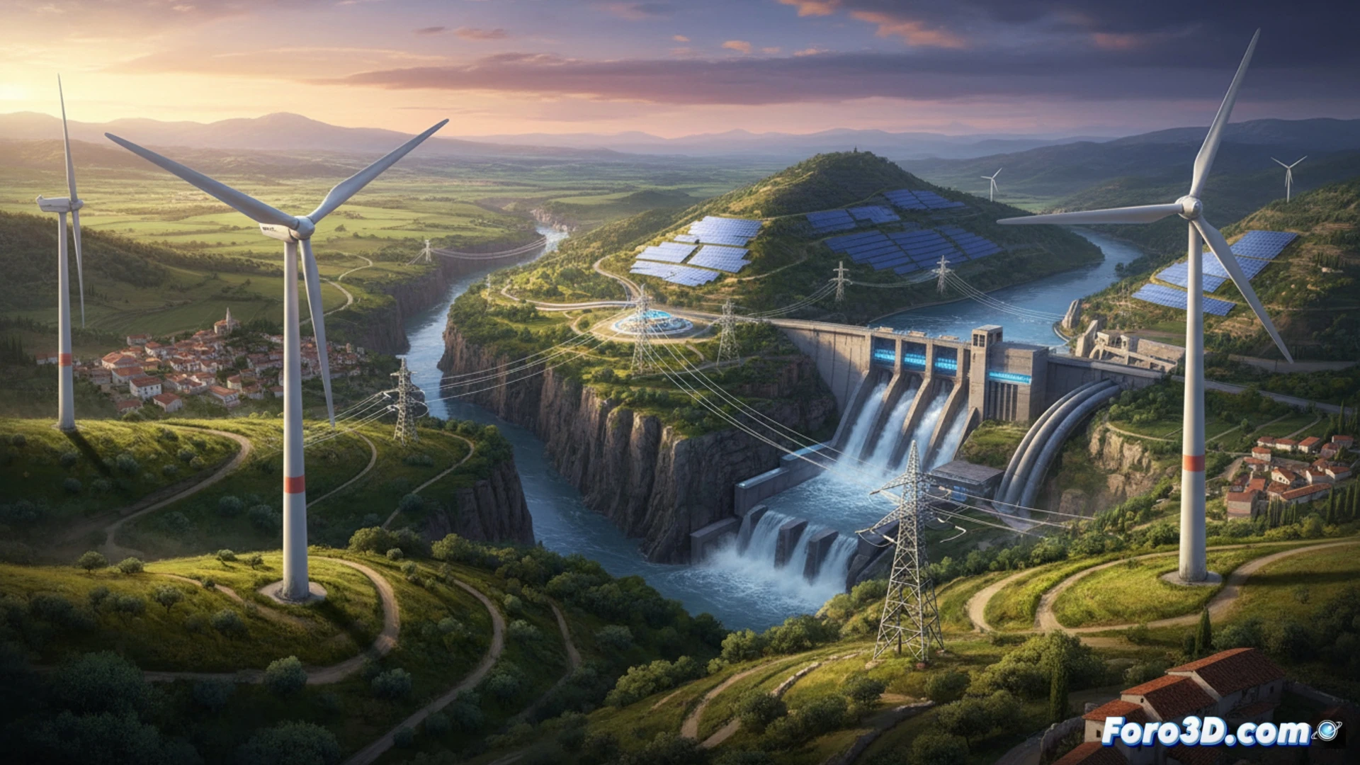 Technical illustration of wind turbine nacelle being lifted by crane during repowering process, hydraulic tools disassembling old gearbox components, workers in safety harnesses installing new high-efficiency rotor blades, control panel displaying real-time power output increase, hydroelectric dam turbine hall with engineers replacing steel penstock sections, water flow visualization showing optimized energy conversion, photorealistic engineering visualization, bright industrial lighting, metallic surfaces reflecting workshop lamps, ultra-detailed mechanical components, safety yellow and industrial gray color scheme, cinematic depth of field, dynamic action of modernization process