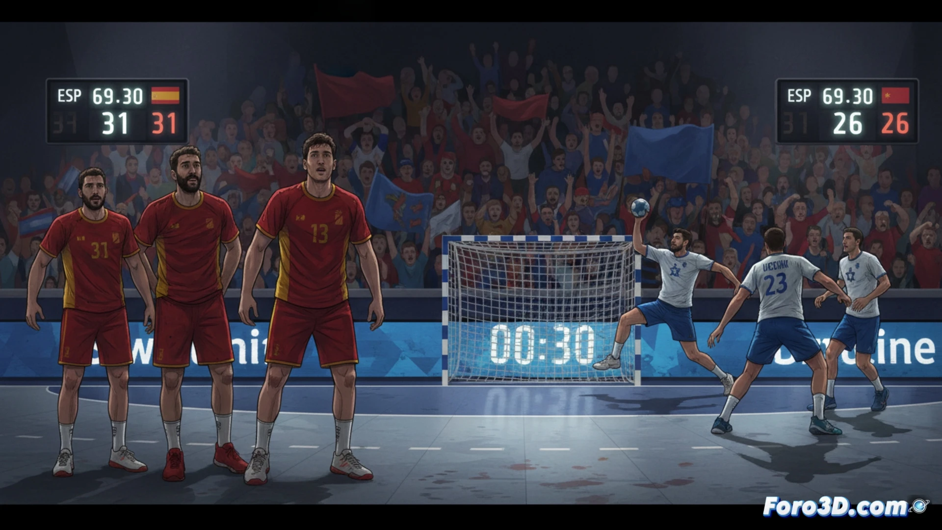 balonmano masculino en acción, jugador español saltando para lanzar a puerta mientras defensor israelí se estira para bloquear, fondo de pabellón con gradas vacías y marcador electrónico mostrando diferencia ajustada, cronómetro en cuenta regresiva, sudor visible en rostros, piernas en tensión durante el salto, iluminación cenital fría, estilo cinematográfico deportivo, photorealistic, textura de suelo de parqué y red de portería desgastada, movimiento congelado en el aire