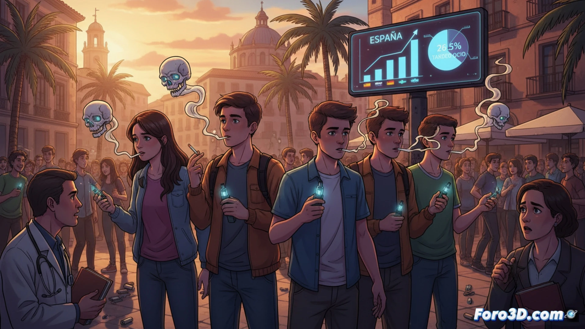 adolescentes españoles en terraza de bar durante tardeo, nube densa de humo de cigarrillo mezclándose con vapor de vaper, dispositivos de vapeo sobre mesa metálica junto a smartphones y monedas, gráficos estadísticos europeos proyectados en pared de ladrillo como holograma, barras comparativas mostrando consumo juvenil, jeringuilla y estetoscopio en primer plano sobre servilleta, contraste entre ambiente festivo y datos de salud pública, estilo cinematográfico fotorealista, iluminación neón anaranjada y azul, cámara lenta capturando partículas de aerosol en suspensión, profundidad de campo dramática