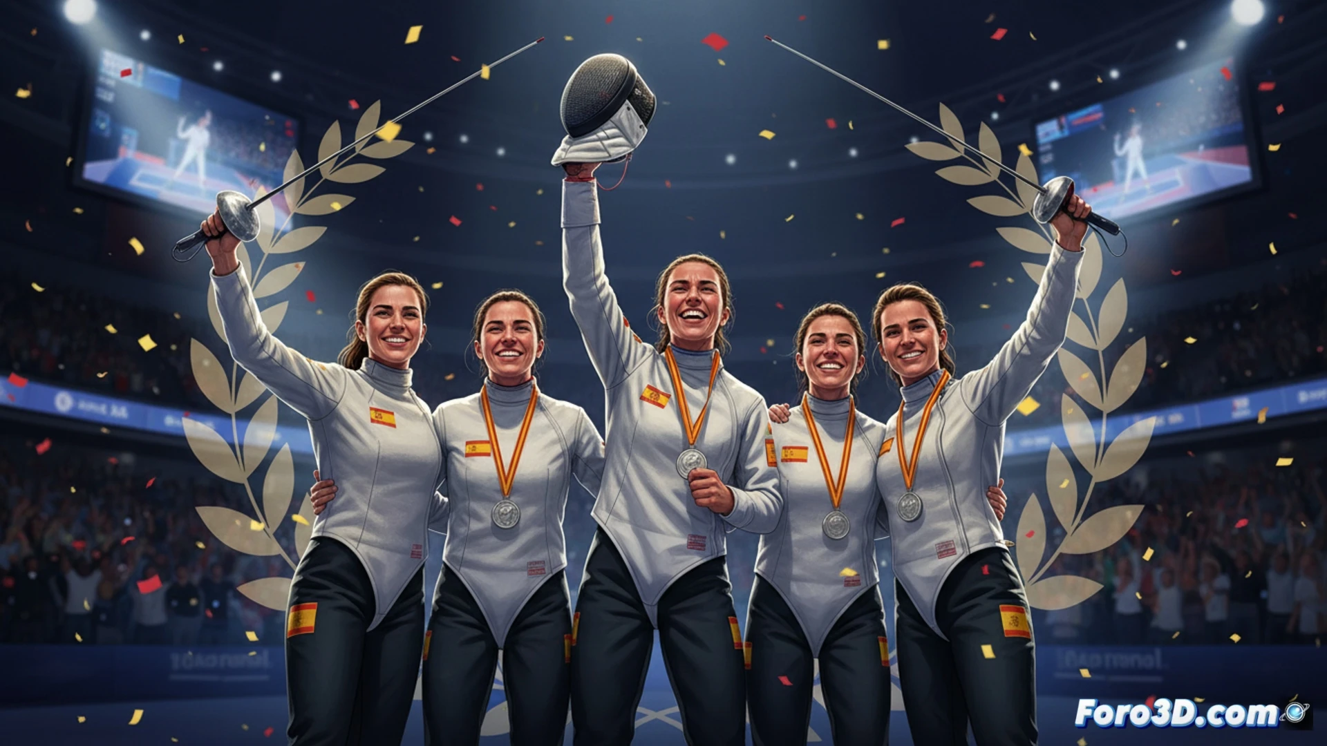 Las cinco esgrimistas españolas, con floretes en alto, celebran la medalla de plata en el podio de la Copa del Mundo.