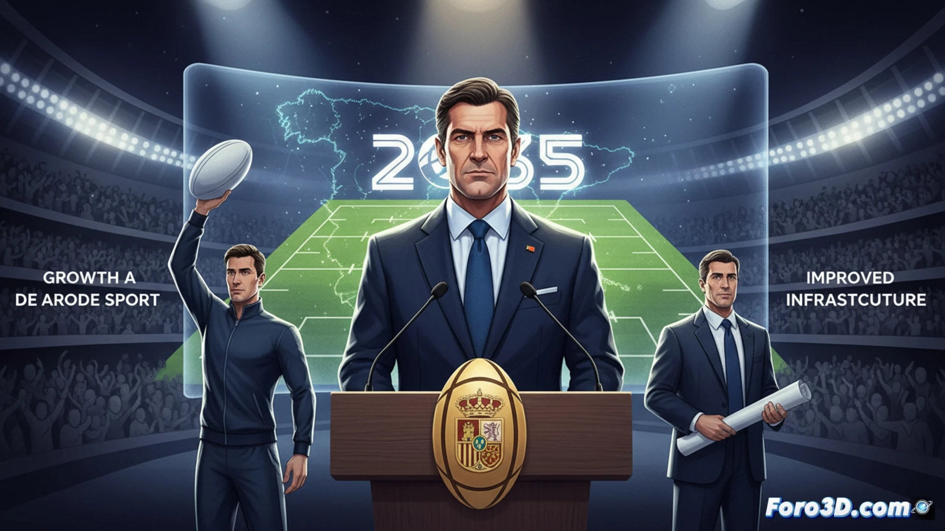 Descripción: Hansen y Rodríguez Uribes presentan la candidatura española para el Mundial de rugby 2035 en el CSD, con mapa y balón sobre la mesa.